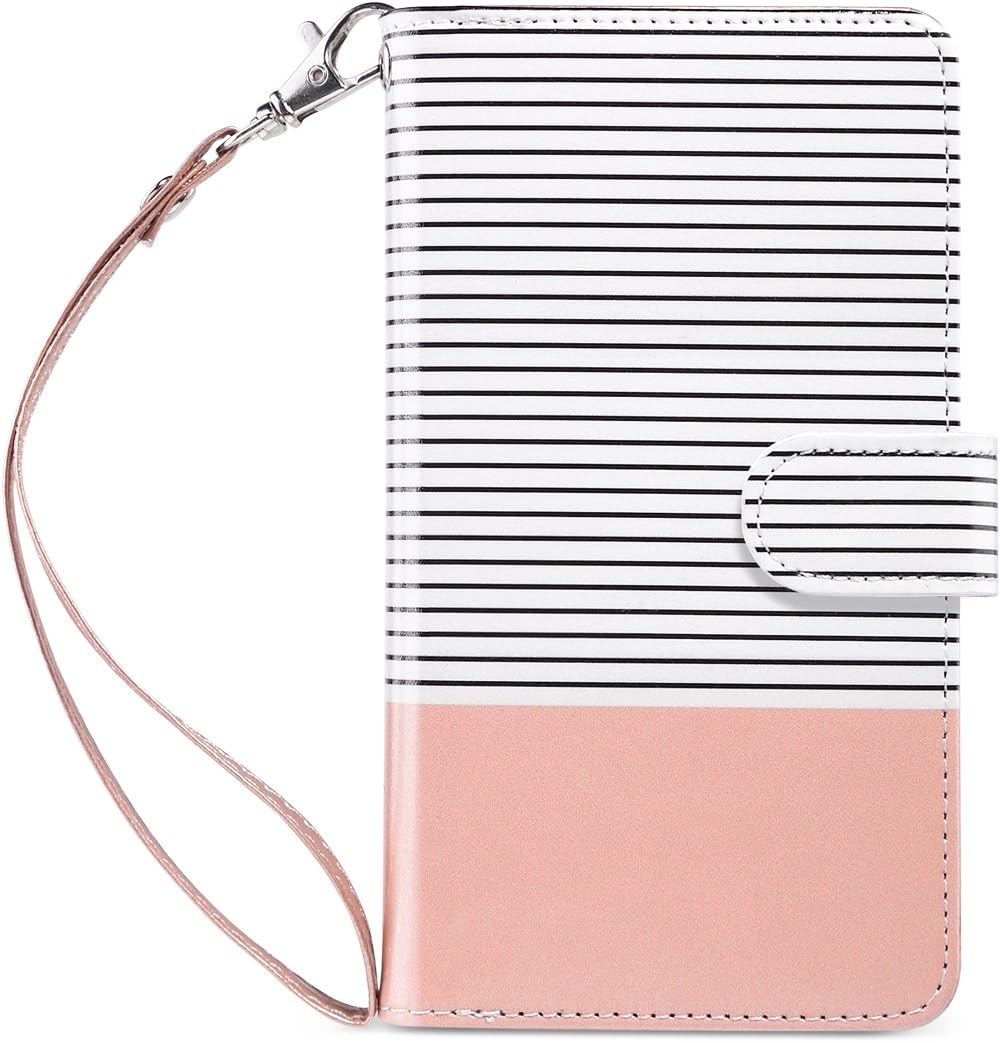 ULAK iPhone 6 Plus Case, iPhone 6s Plus Wallet Case, Flip Folio PU Leather Cover with Multi Card Holders Pockets Magnetic Closure Case for Apple iPhone 6/6s Plus 5.5 inch, Rose Gold+Minimal Stripes