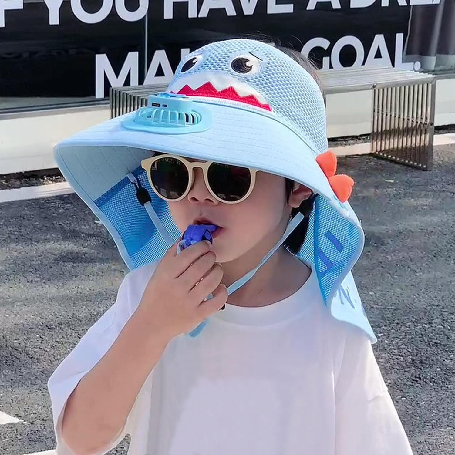 Cute Solar Powered Fan Hat for Kids - Girls Boys Cap with USB Rechargeable Fan with Whistle, Breathable Mesh Outdoor Sun Hat