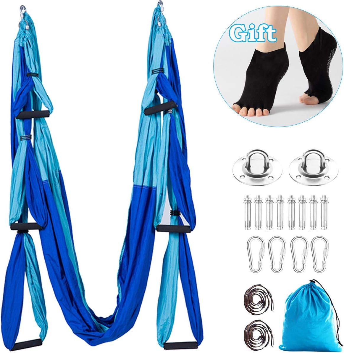 ele ELEOPTION Strong Antigravity Yoga Hammock Sling Inversion Tool for Air Inversion Exercises Yoga Swing Set Trapeze Sling Hammock Yoga Gifts for Women Adult Kids Dark+Light Blue
