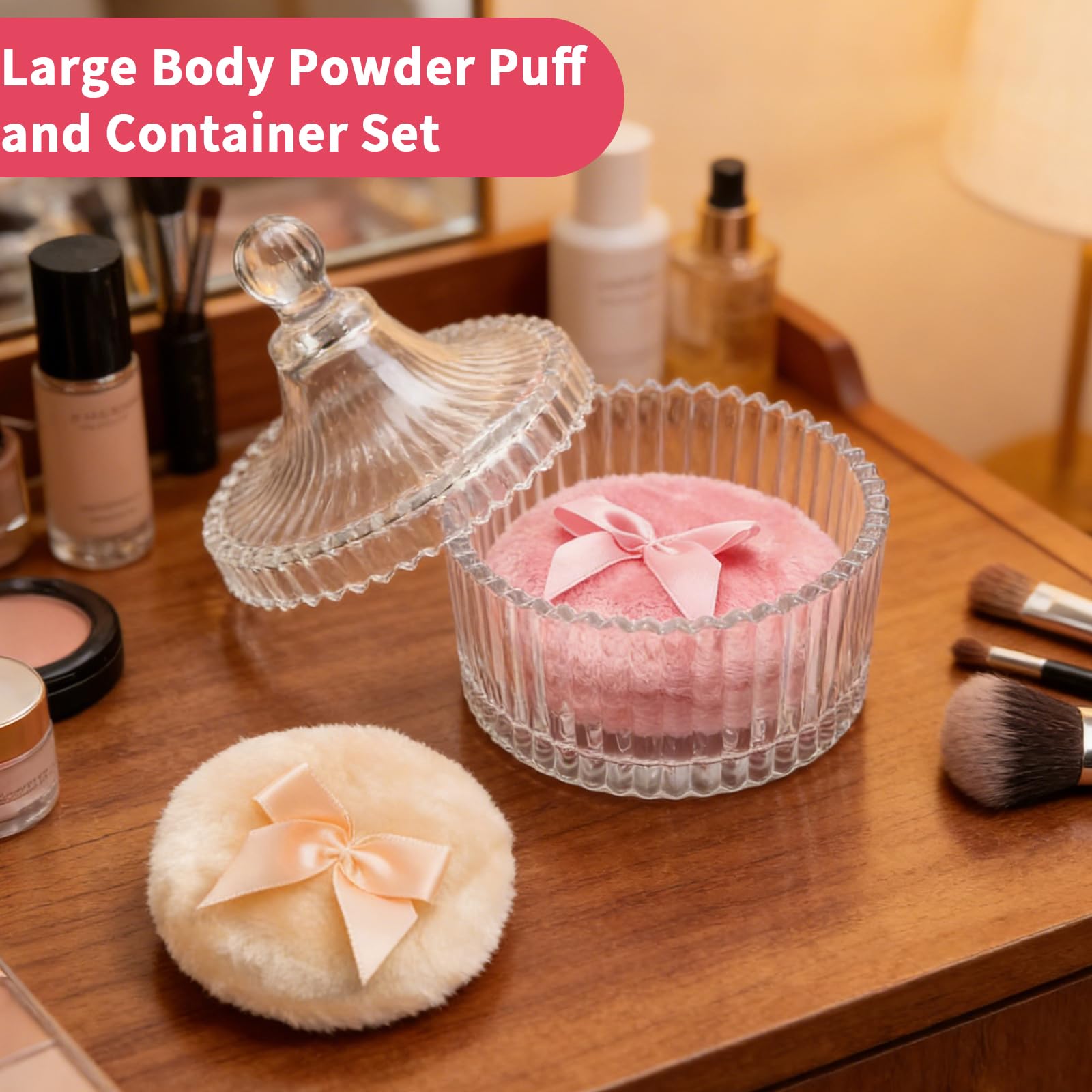 Puderdose con piumino set in vetro piumino per cipria corpo grande contenitore cipria con 2 piumini e cucchiaio morbido e soffice per donne rosa beige