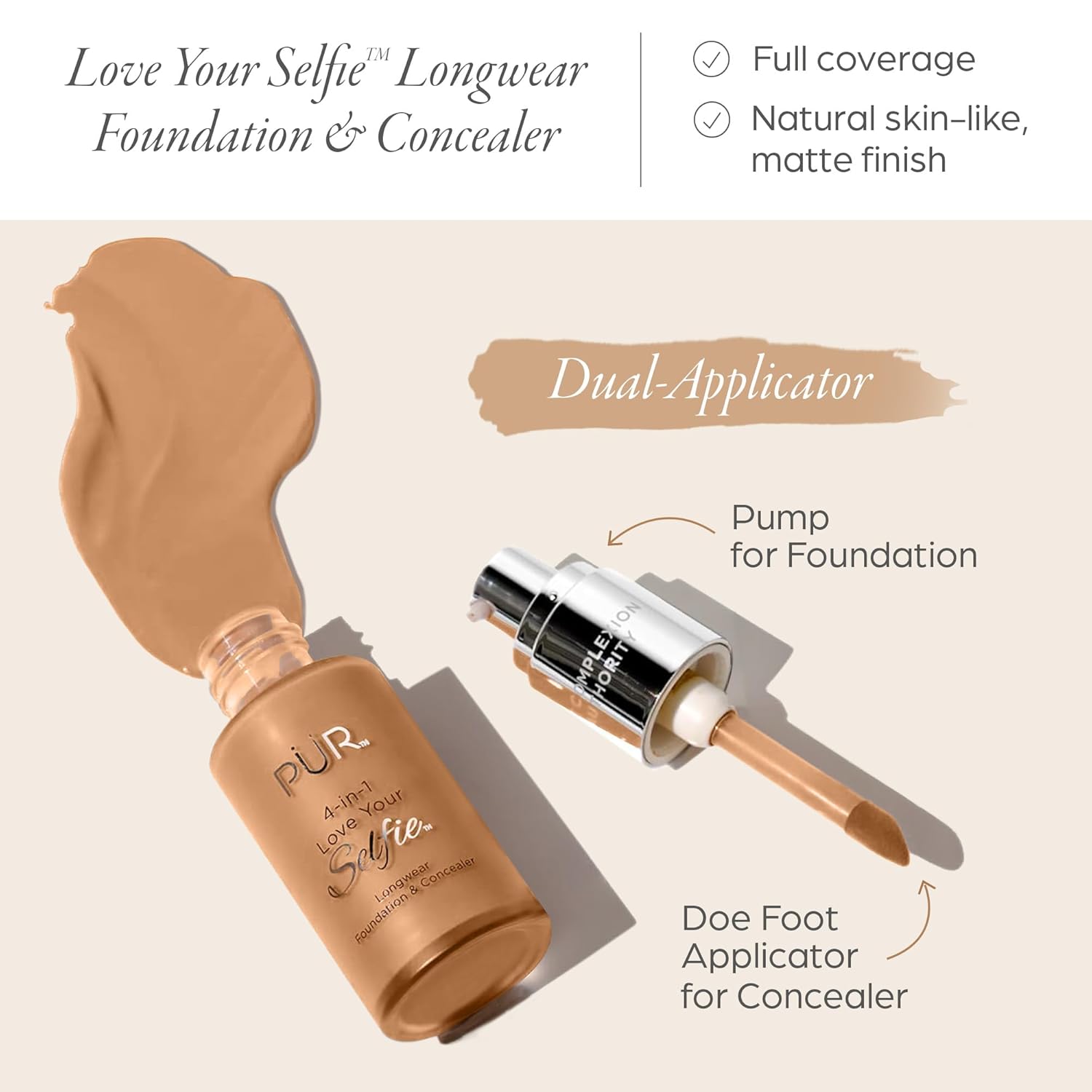 PÜR MINERALS 4-in-1 Love Your Selfie Longwear Foundation & Concealer Full Coverage Liquid Foundation, Hydrating Formula, Cruelty Free