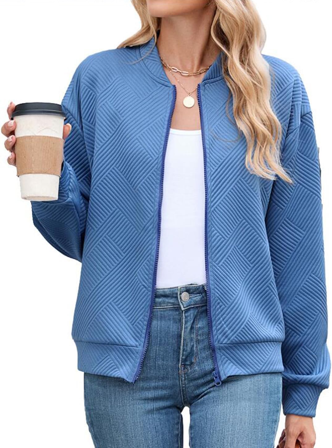 Women Bomber Jacket Textured Casual Lightweight Trendy Outerwear 2026 Coat