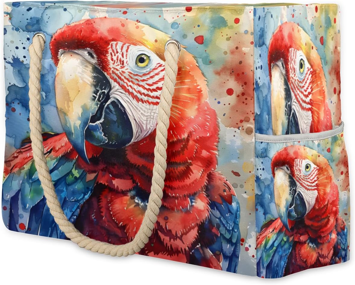 Watercolour Parrot Beach Bag for Women Waterproof Sandproof Tote with Zipper Cotton Rope Handles for Travel Pool Gym Shopping