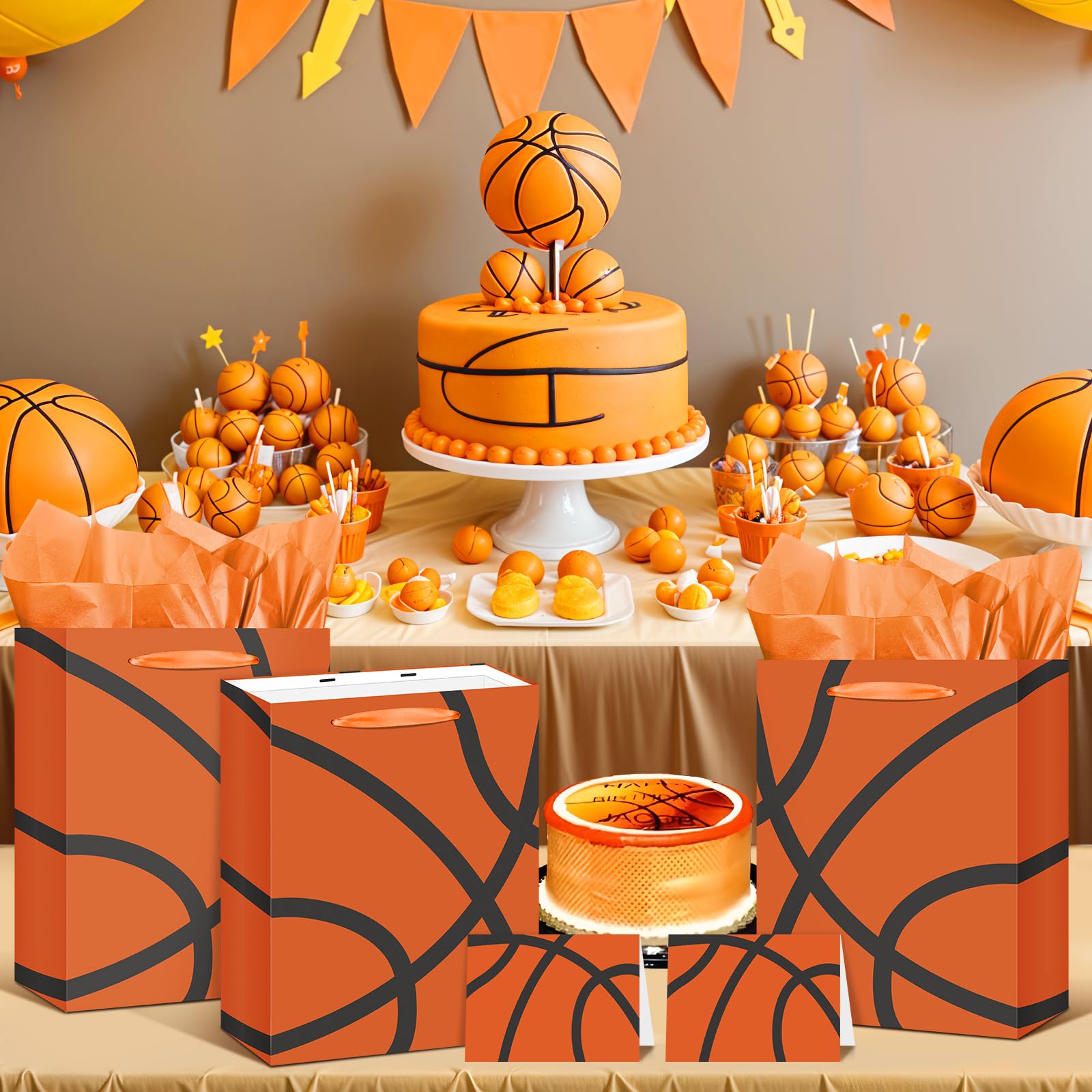 Basketball Party Gift Bag Orange Basketball Gift Wrap Bags with Tissue Paper Greeting Card Decorations for Sport Party Favor Basketball Birthday Goodie Gifts Wrapping Bags for Boys Teens Team Supplies
