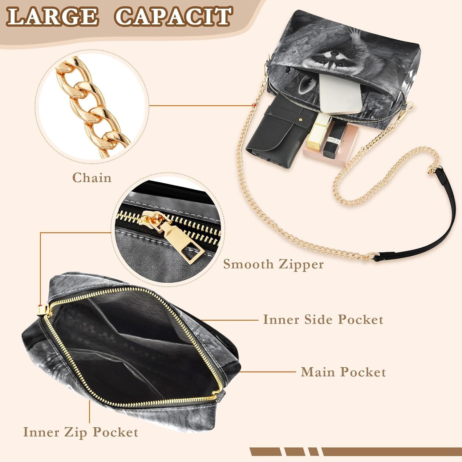 Women Crossbody Bag Shoulder Handbag Cellphone Purse PU Leather Metal Chain Strap Water Resistant Zipper Closure Black White Raccoon Print