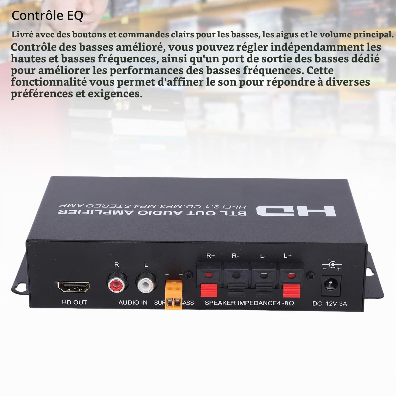 Annadue Amplificateur Audio Stéréo HiFi M045, Double Canal, Bluetooth, Compatible avec Entrées HDMI/RCA/AUX, Prise UE