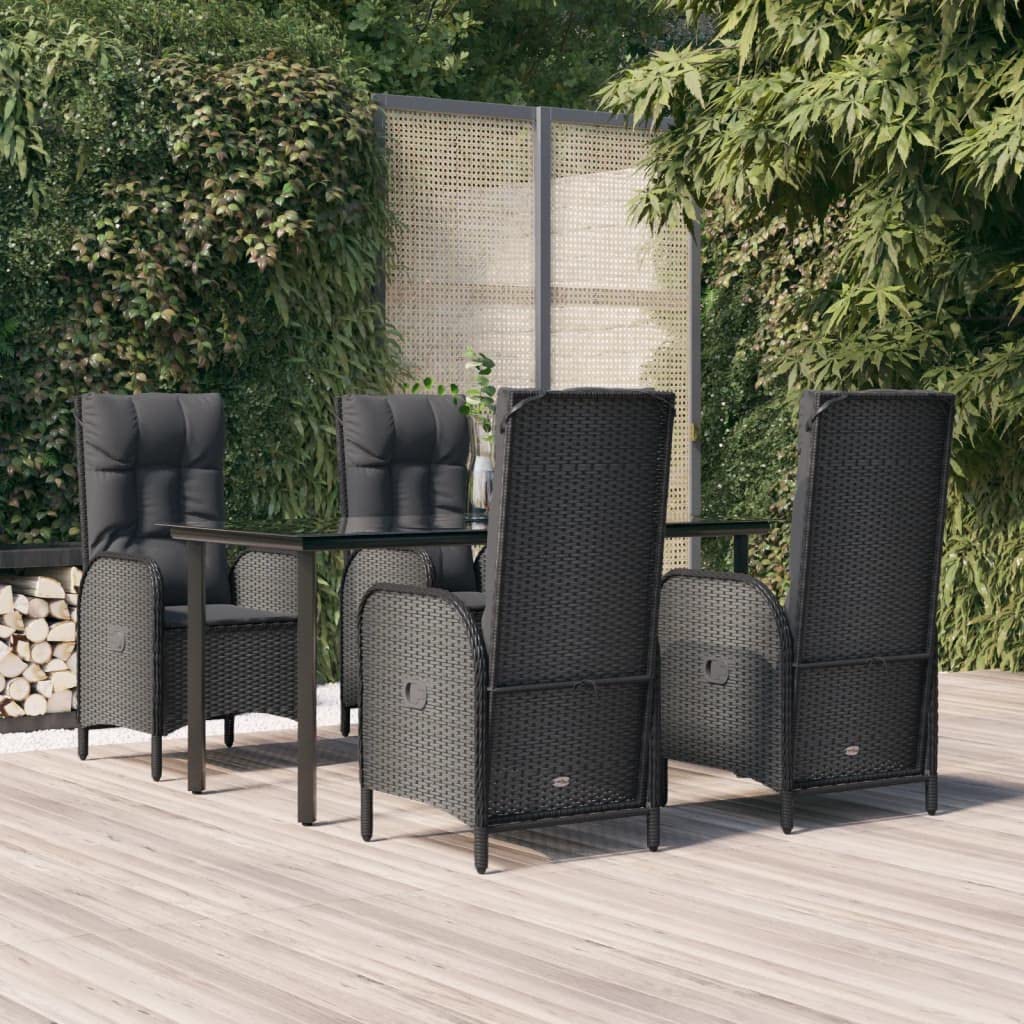 Conjunto de comedor de jardín con cojines de ratán sintético negro, con función reclinable ajustable, marco de acero pulverizado, mesa de cristal duro para jardín y terraza