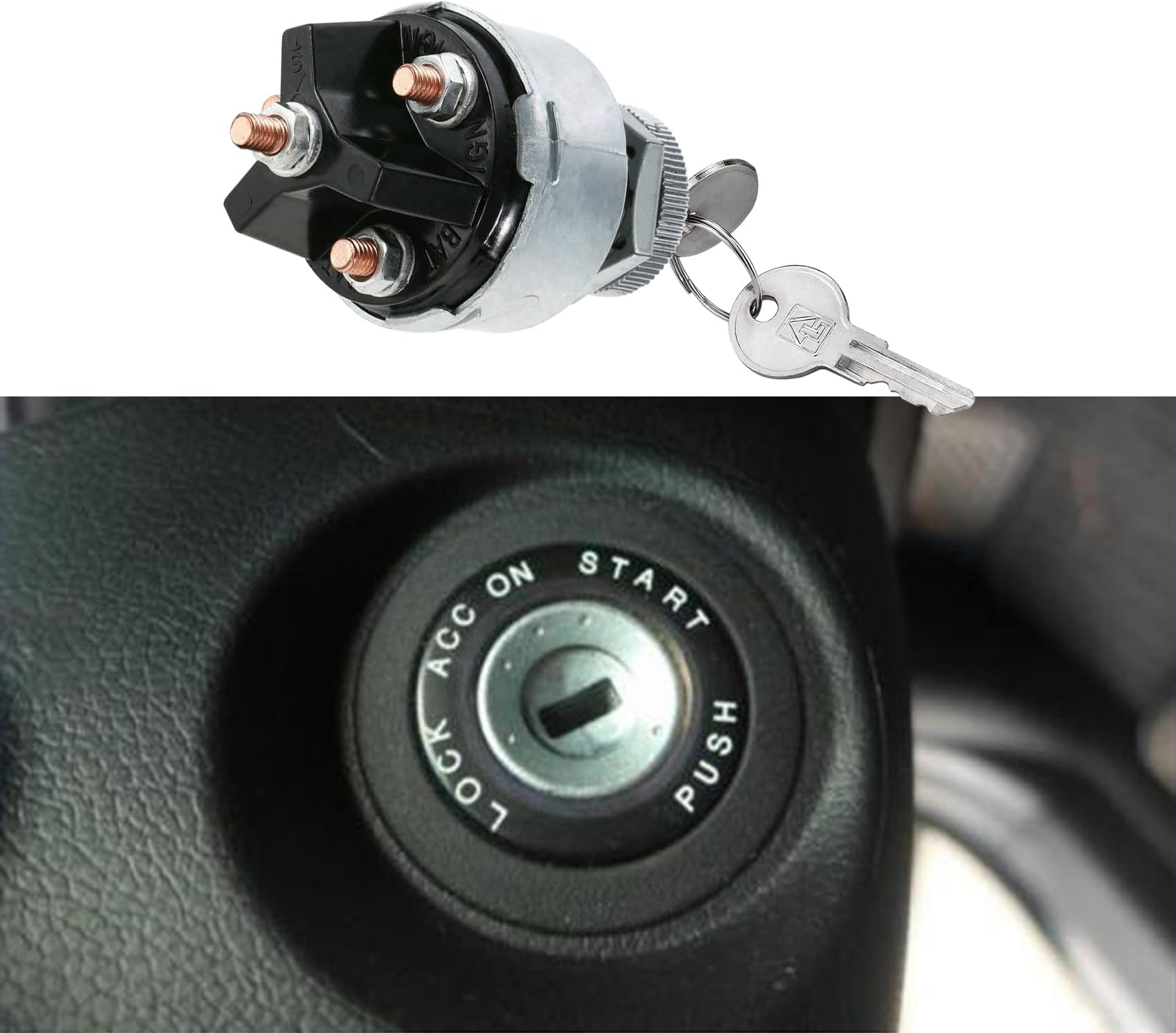 Ignition Switch with Key, Universal Ignition Starter Switch Lock, 4-Position, Black, Manual, Push Button Actuator
