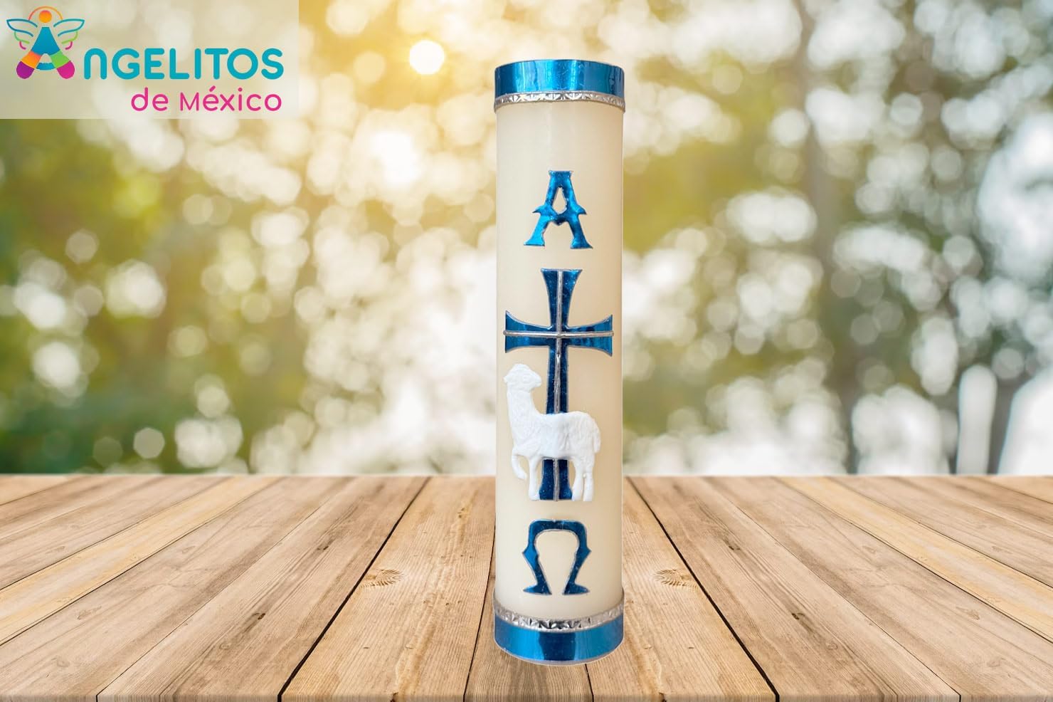 Angelitos de Mexico Paschal Candle, Religious Ceremonial Baptism Candle for Easter and Lent Cirio de Pascua, Cuaresma (Blue)