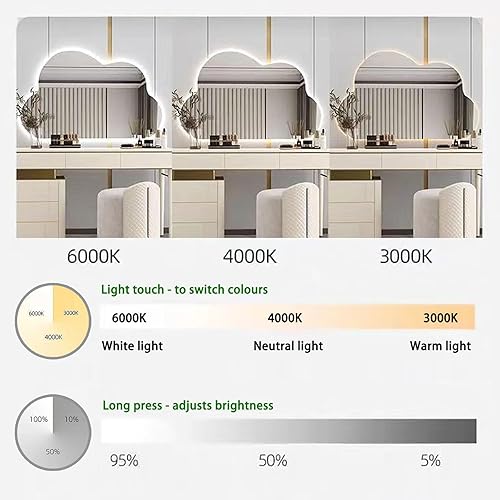 Miniatura 3 de En forma de nube - Espejo iluminado LED para lavado y maquillaje de baño, espejo asimétrico irregular montado en la pared, luces de 3 colores
