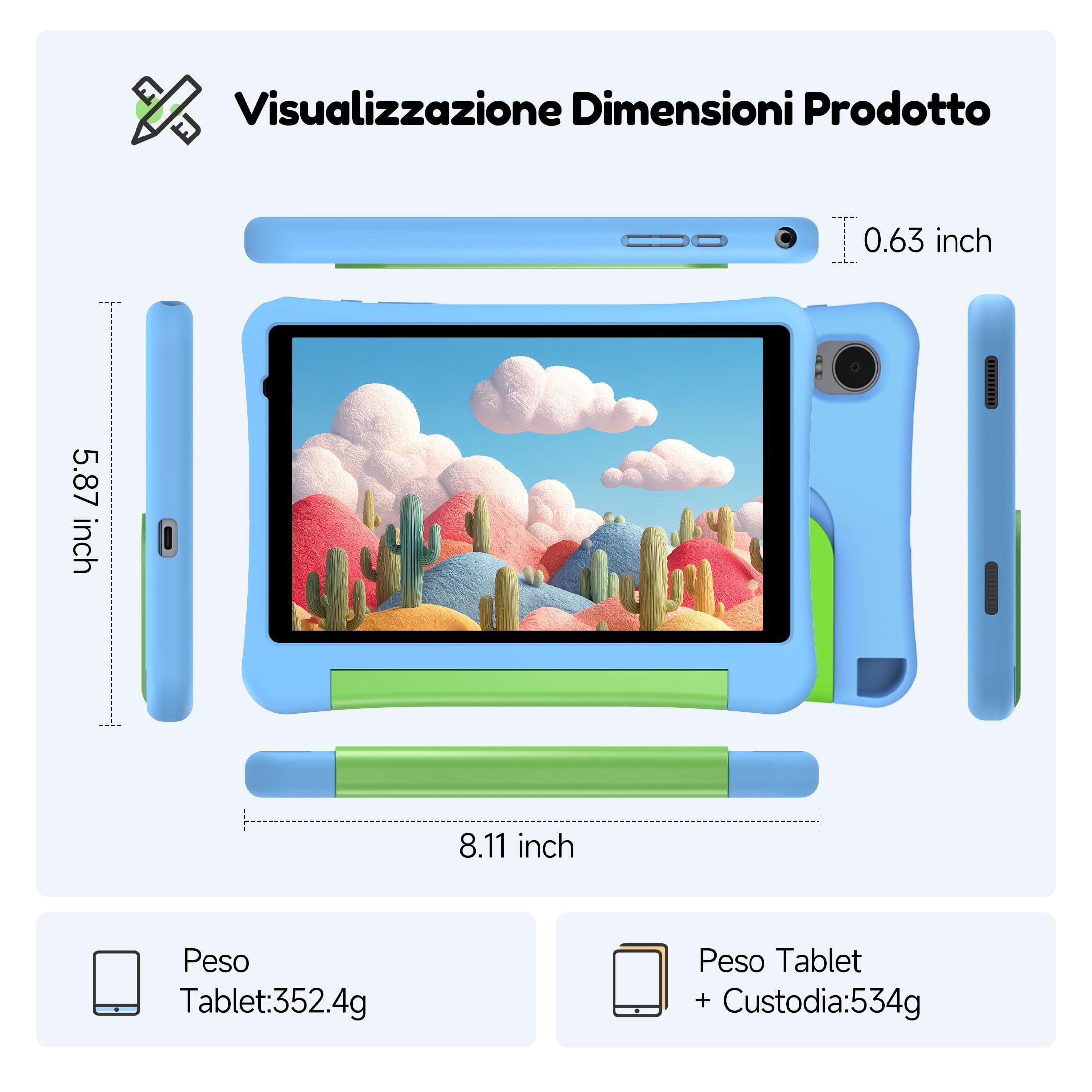 ALLDOCUBE Kido Tablet Per Bambini 8 Pollici, Android 15 Go, 32GB ROM, Blu | Controllo Parentale, iWaWa preinstallato, 512GB TF, Unisoc T310, 5000mAh, 2 Altoparlanti, Jack 3,5mm, Cover Anticaduta