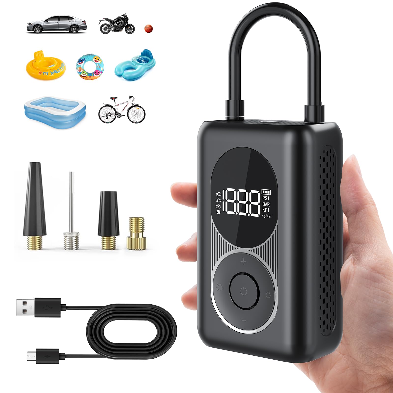 SCUXASH Car Tyre Inflator Air Compressor, 424g Portable Mini Car Tyre Pump with Digital Display, Lighting, Auto Stop, Memory Function, 150psi Electric Tyre Pump for Bicycle, Motor, Ball, Air Mattress