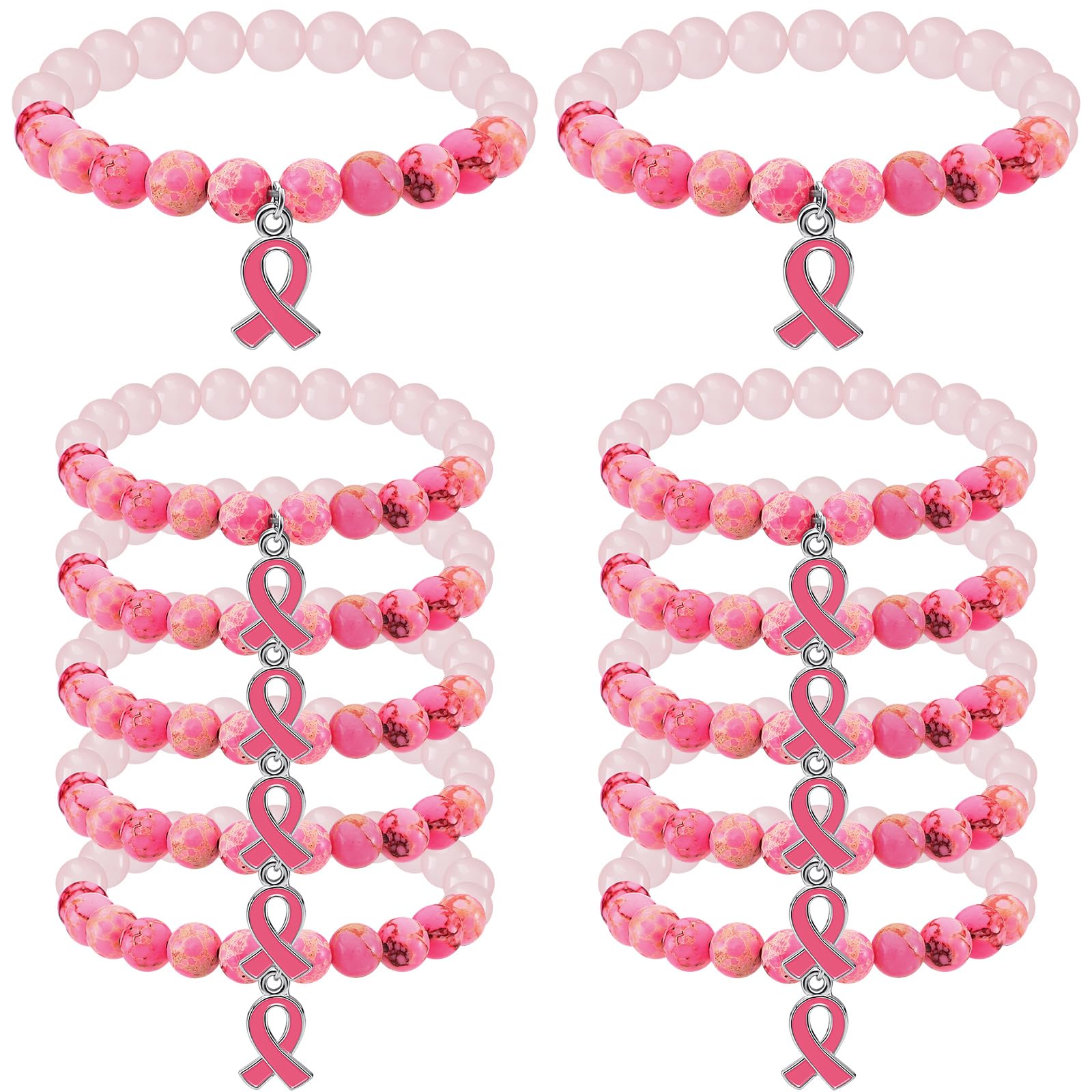 Karenhi 12 Pcs Breast Cancer Awareness Beaded Bracelets Pink Ribbon Breast Cancer Bracelets Natural Stone Beaded Bracelets Breast Cancer Inspirational Gifts for Women