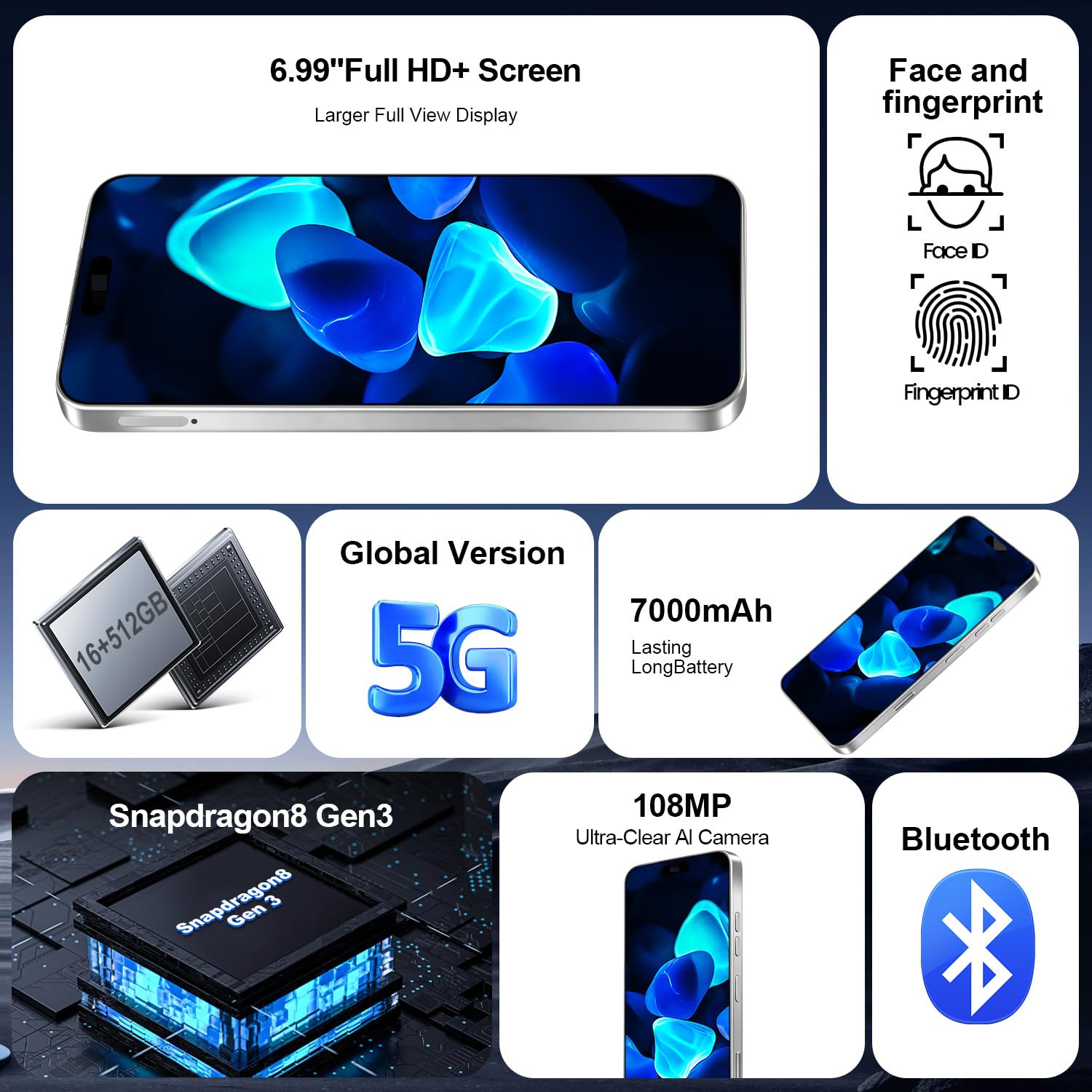 16PROMA X 5G Cell Phone,Smartphone Unlocked Cell Phone 8GB+256GB/6.99" Display/68MP+108MP Camera/7000 mAh Battery Super Endurance, Dual SIM Card/Face Unlock/GPS (Yellow)
