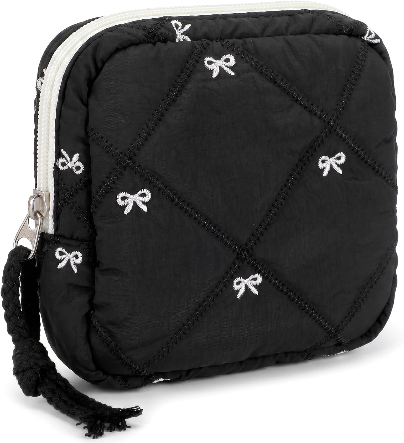 Amaxiu Portable Period Bags for Women, Cute Bow Sanitary Napkin Storage Bag, Period Bag Quilted Tampon Pouch for Purse(Black)