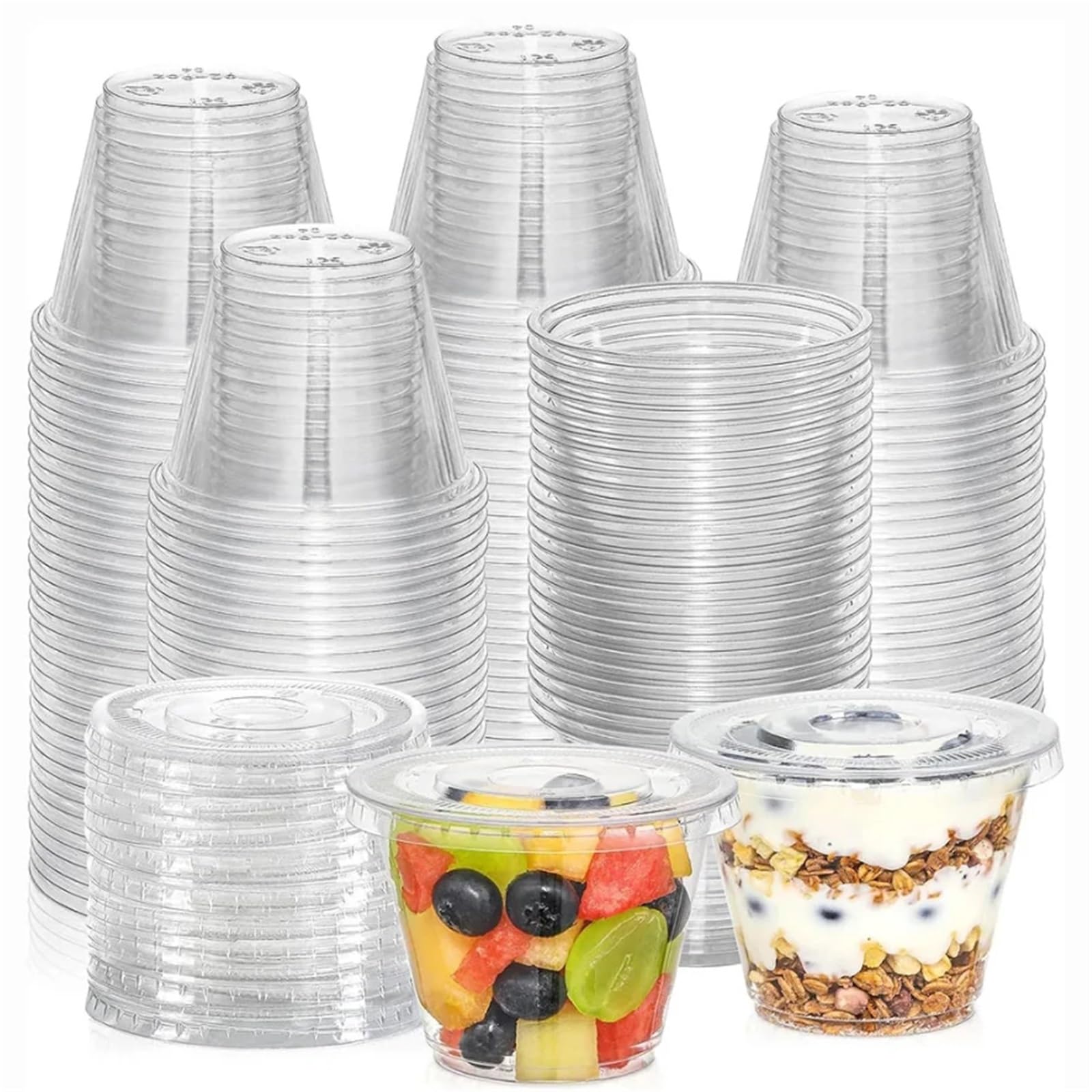 200 bicchieri in plastica trasparente con coperchio piatto per frullati e dessert