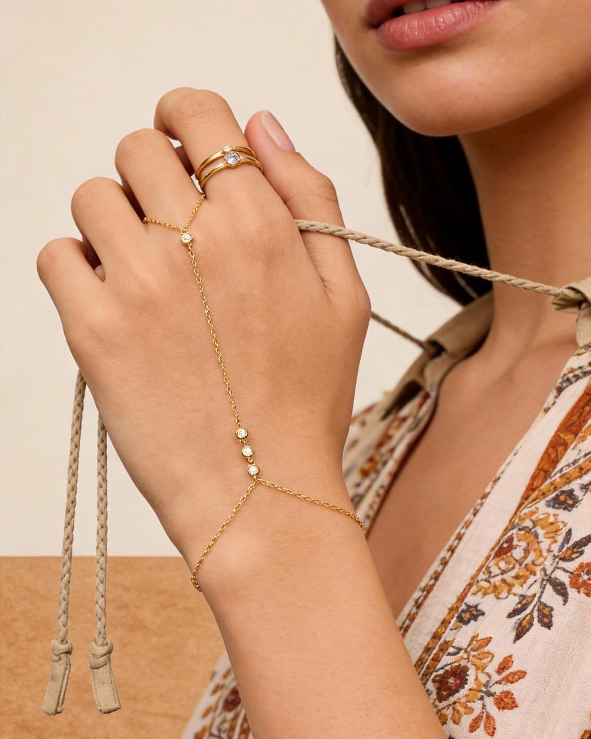 7 Pcs Hand Chain Bracelet for Women Gold Plated Dainty Stack Beaded Cubic Zircon Handchain Adjustable Ring Bracelet Hand Chains Set - Image 6