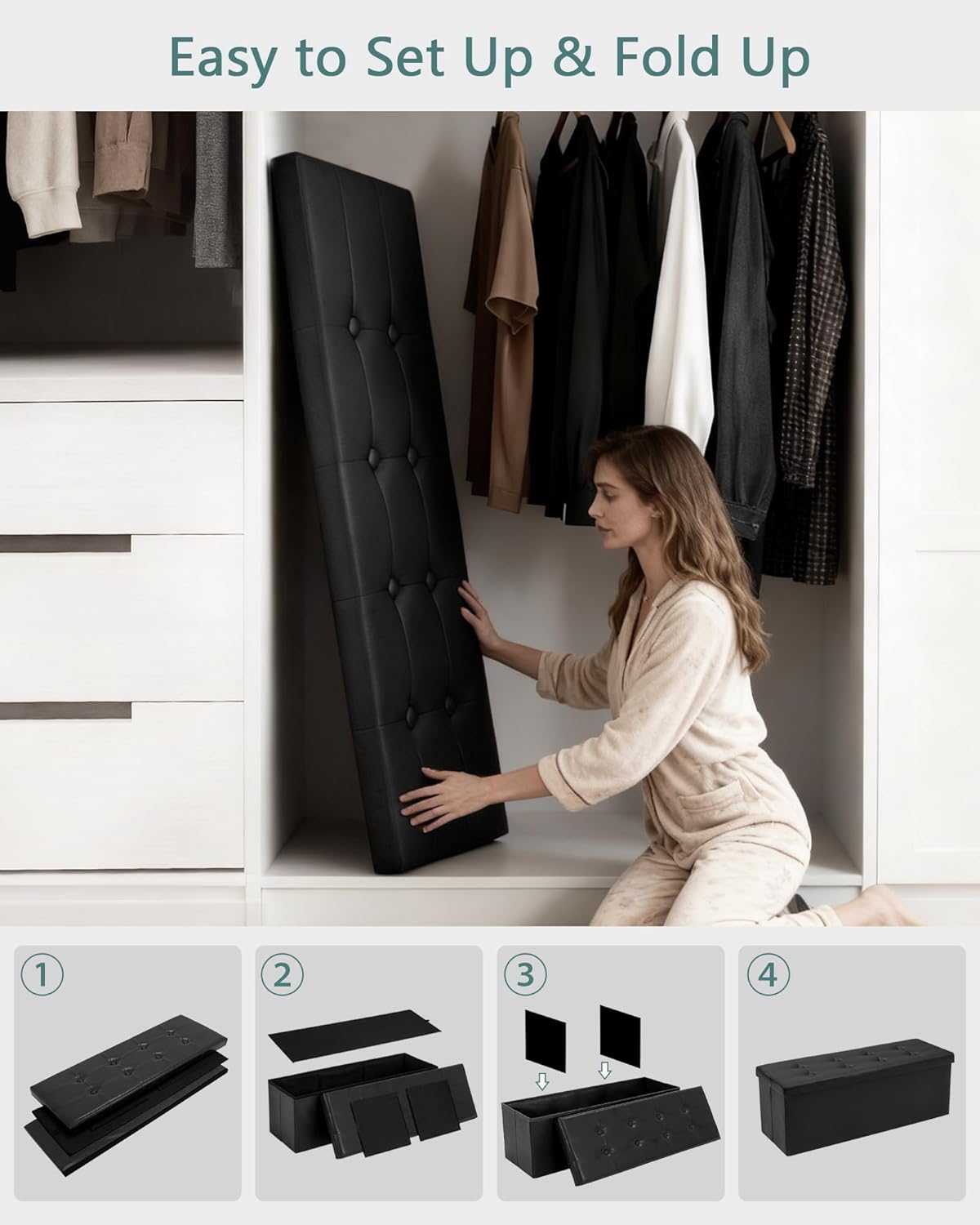 43 Inches Folding Storage Ottoman Bench, PU Leather Storage Chest, Footrest Padded Seat for Bedroom and Hallway, Holds up to 660 lbs, Black