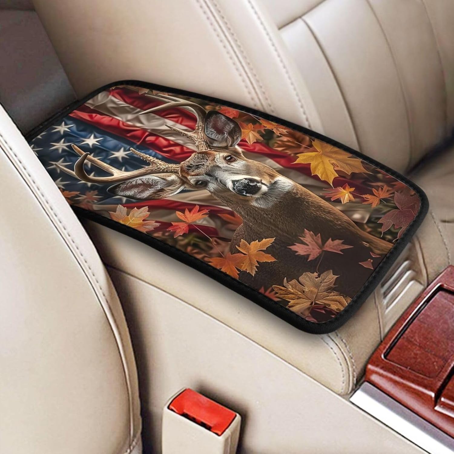 Deer American Flag Car Center Console Cover, Universal Waterproof Armrest Pad, Easy to Clean for Most Cars SUV Truck