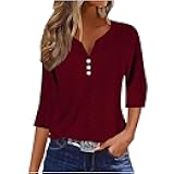 3/4 Length Sleeve Womens Tops 2025 Summer Henley V Neck Eyelet Shirts Loose Breathable Holiday Vacation Blouses