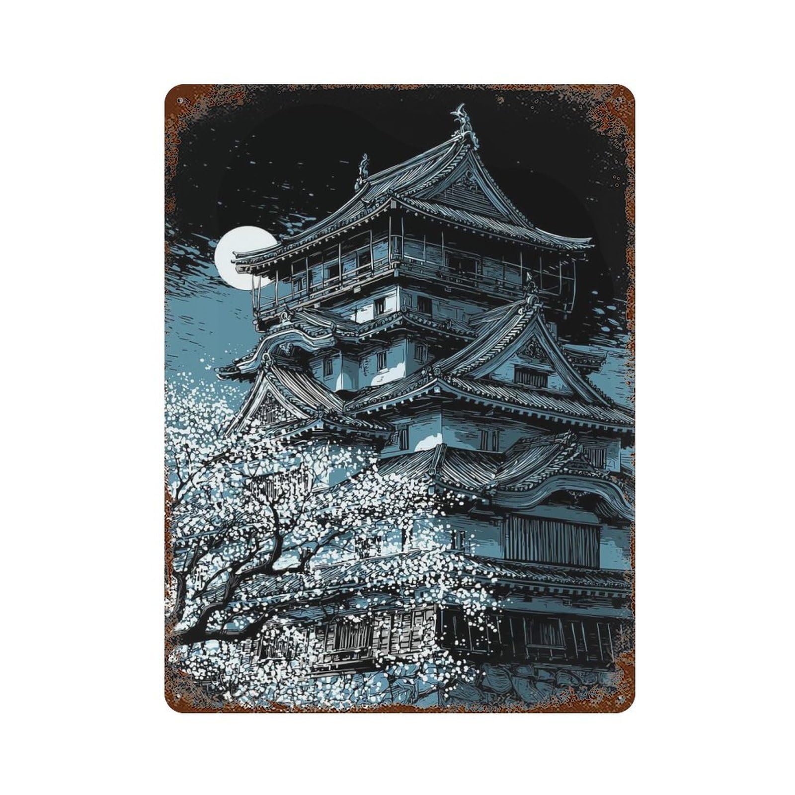 Rusty Metal Tin Sign with Japanese Castle Under Moonlight with Cherry Blossoms Design 15.7"x11.8", for Garage, Bar And Workshop Decor, Decorative Metal Wall Art