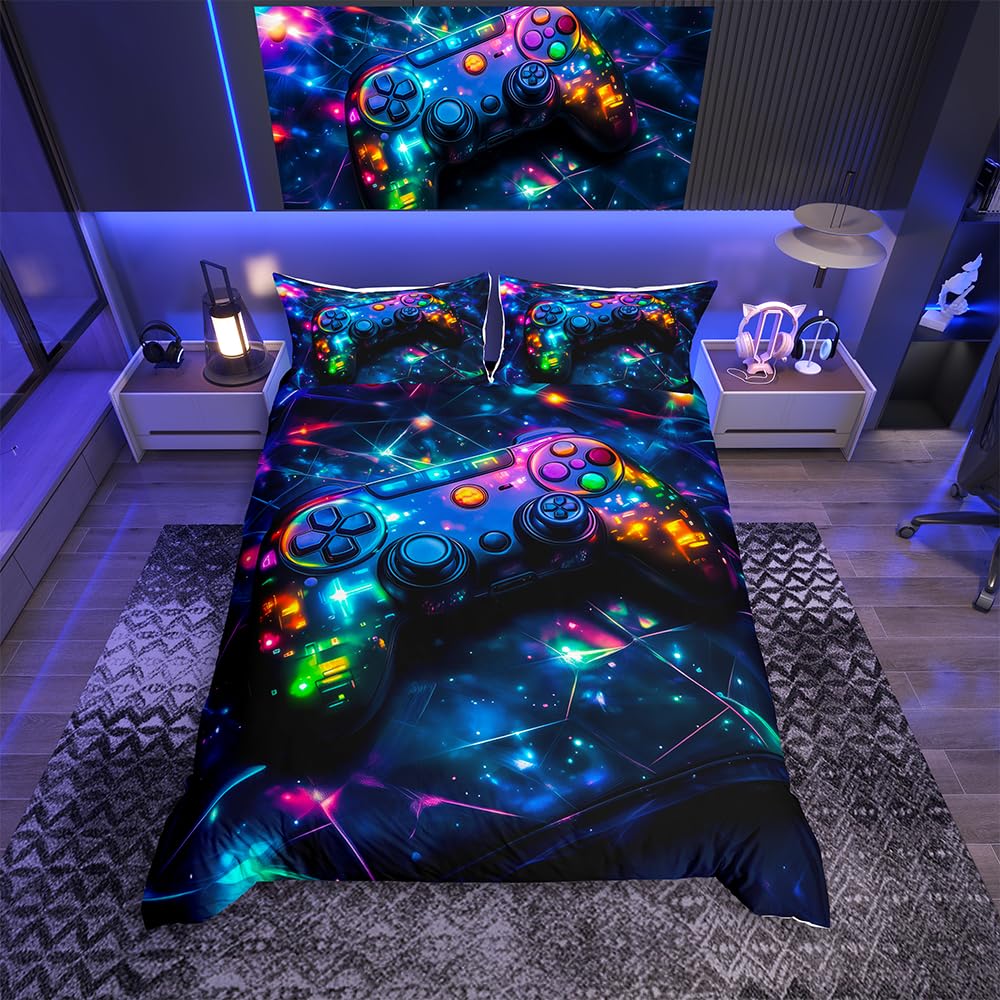 Loussiesd Gamer Bedding Set Blue Neon Gamer Duvet Cover for Kids Boys Girls Double Size 3Pcs Colorful Game Controller Bedspread Cover Video Game Comforter Cover