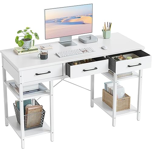 CubiCubi 47 Inch Computer Desk with 3 Drawers and Storage Shelves, Small Home Office Desk, Study Writing Table, Simple Desk for Bedroom, White