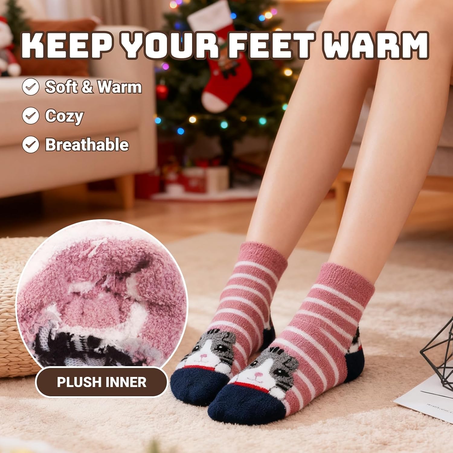 ZAKASA Fuzzy Socks with Grips for Women: Fluffy Slipper Socks 5 Pair