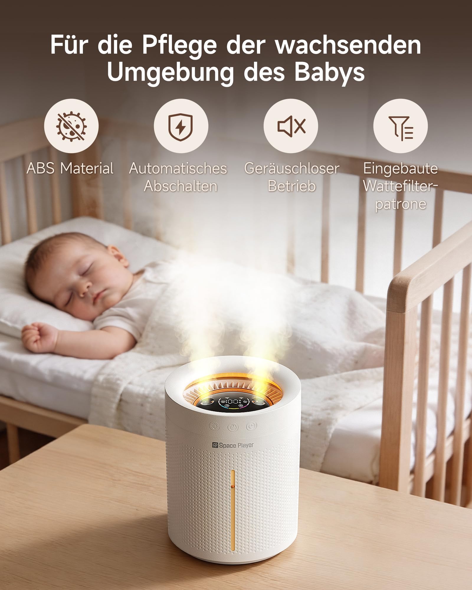 Space Player Luftbefeuchter Schlafzimmer Leise 3L Top-Fill Ultraschall, Kabellos 4000mAh Akku, Kaltnebel Luftbefeuchter mit Timer 2-8H, Auto Abschaltung Nachtlicht für Baby Kinderzimmer Büro Pflanzen