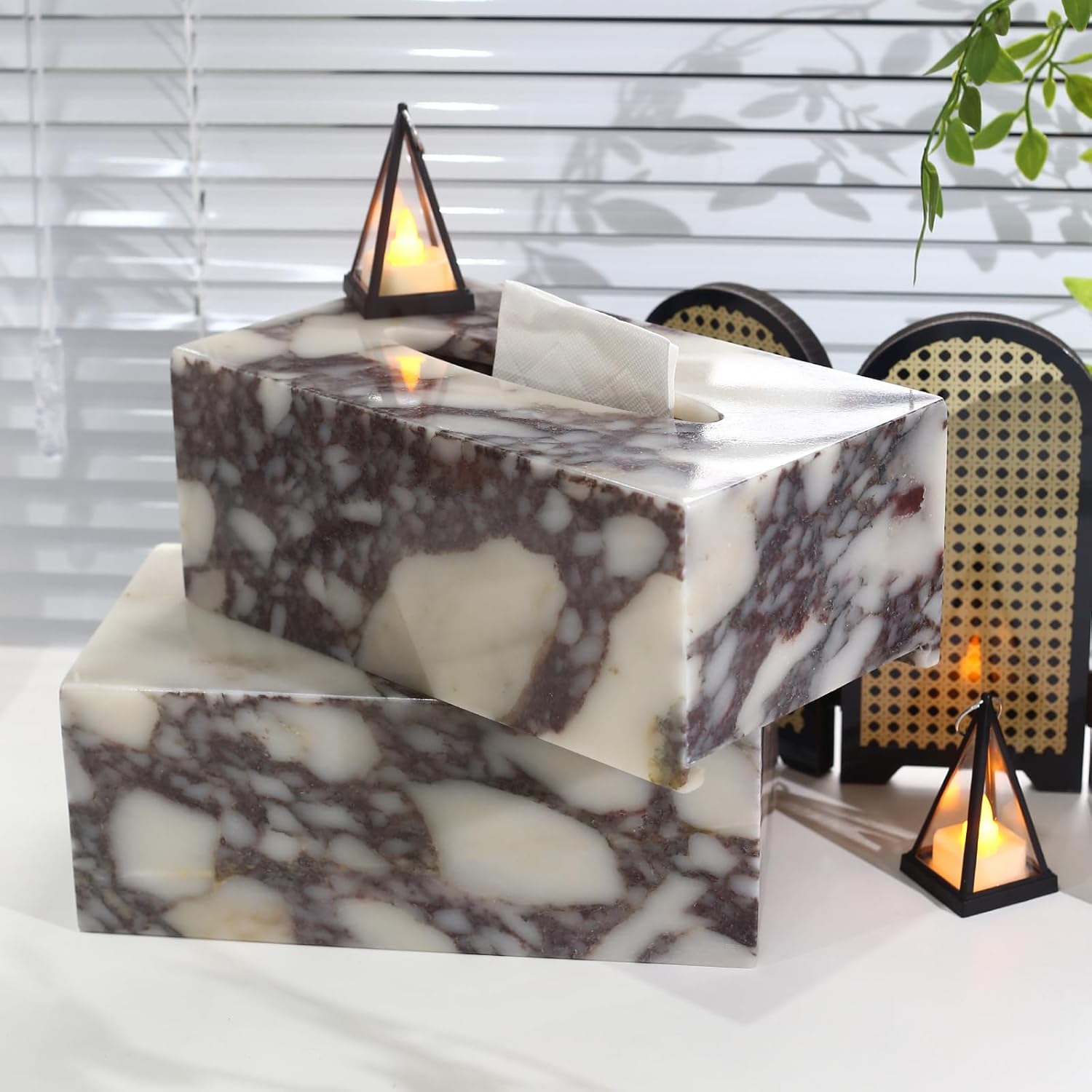 Noble and Light Luxury Natural Travertine Marble Household Tissue Box for Bathroom | Office | Desk | countertop | Vanity | Bedroom | Bedside Table |Calacatta Viola
