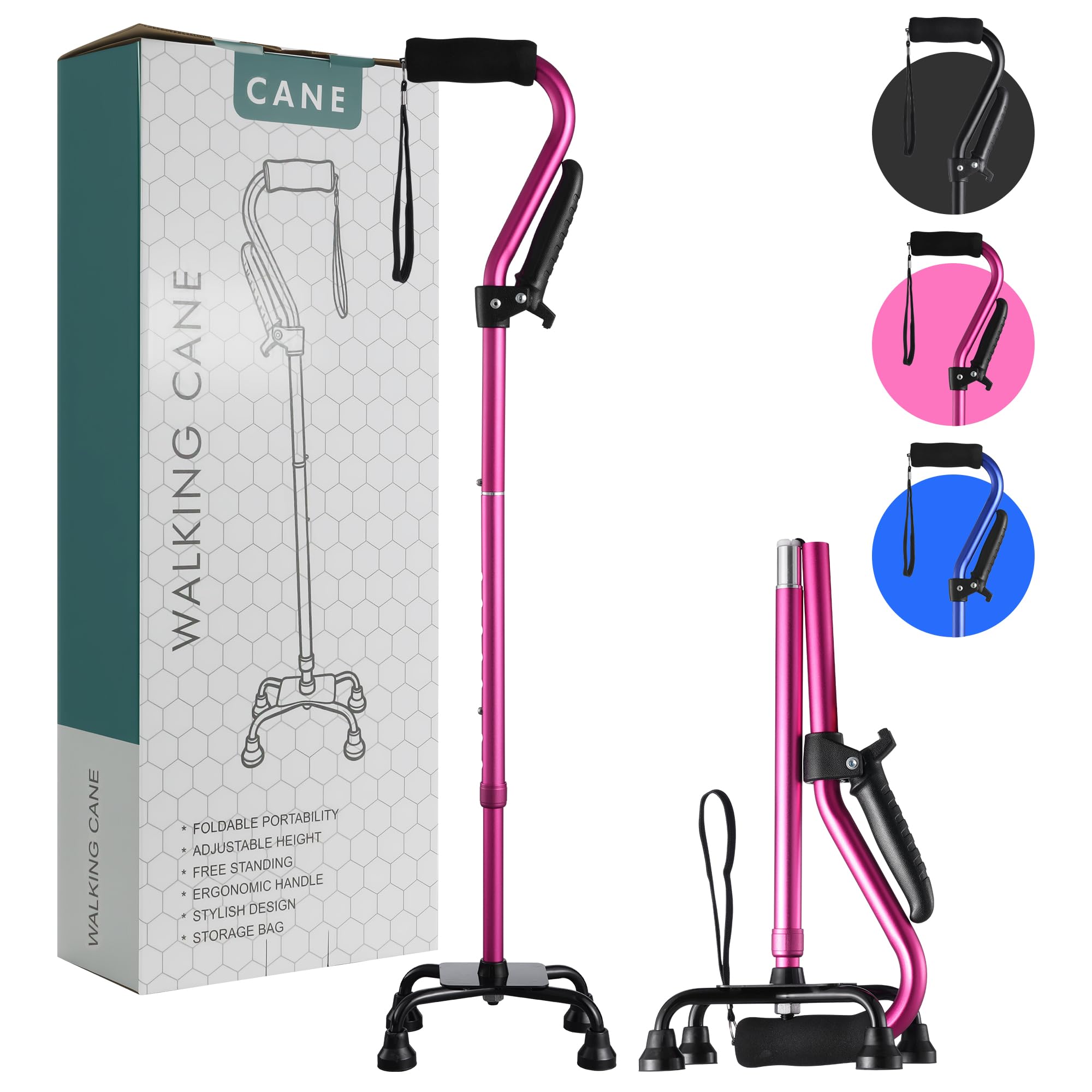 Stand Assist laska do chodzenia dla seniorów – składana, regulowana, czterokrotna laska z drugim uchwytem do dźwigni, samodzielna laska do chodzenia z 4-zębową podstawą dla stabilności i powrotu do