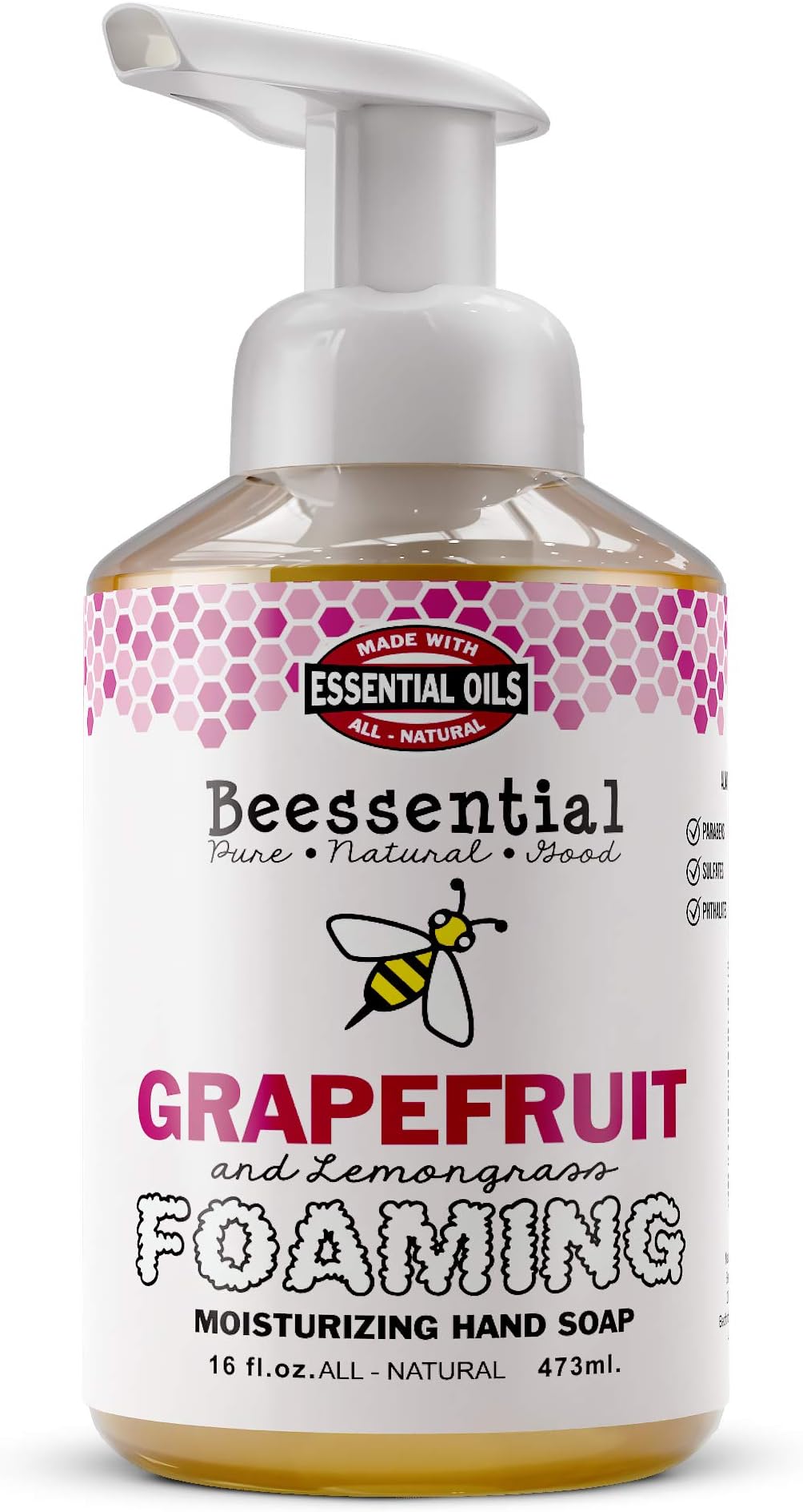 Beessential All Natural Foaming Hand Soap, Grapefruit And Lemongrass Essential Oils, Made with Moisturizing Aloe & Honey - Made in the USA, 16 oz