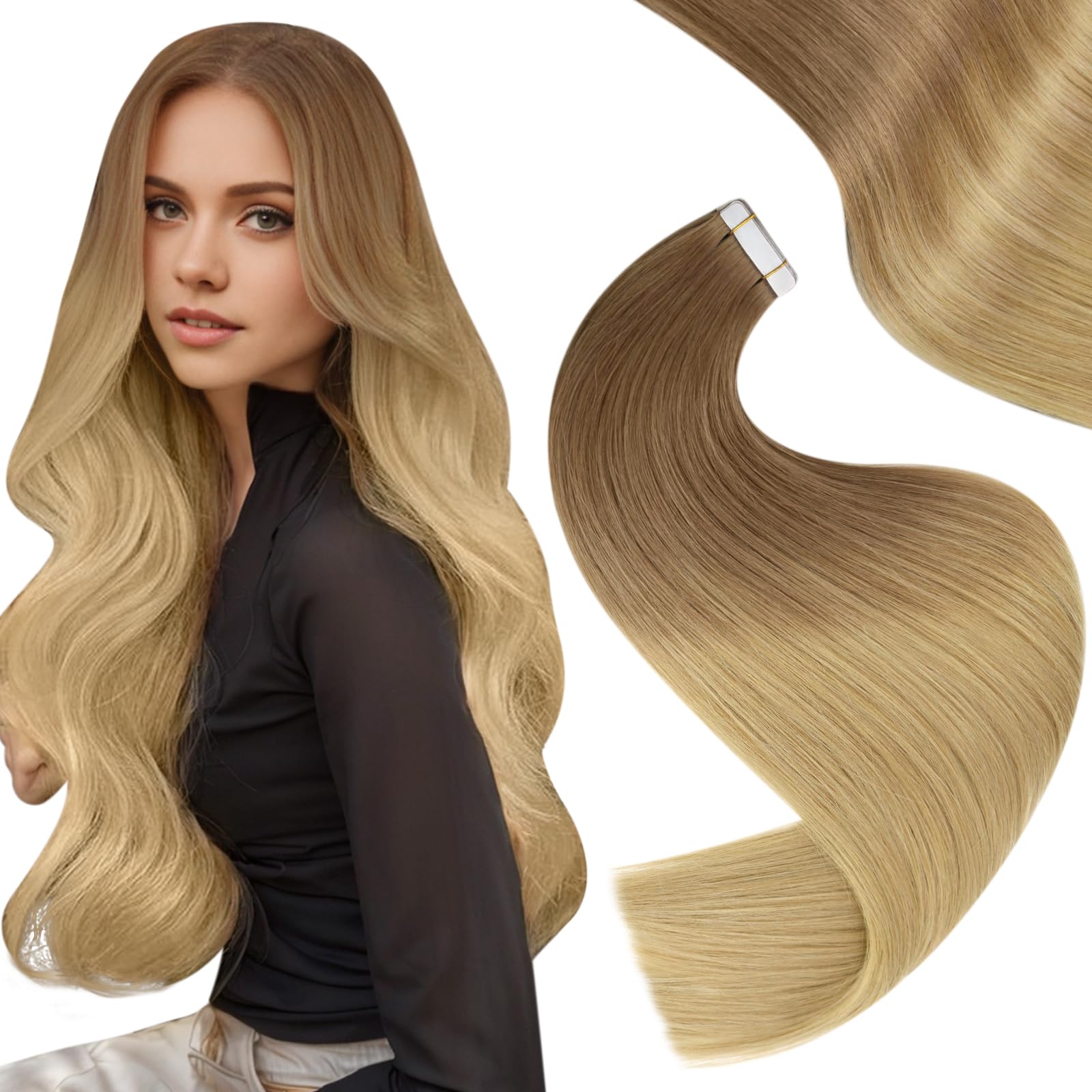 Easyouth Ombre Tape in Hair Extensions Human Hair Invisible Tape in Human Hair Extensions Brown to Golden Blonde Human Hair Extensions Tapes in for Natural Look 12 Inch 30g 20Pcs #10/14