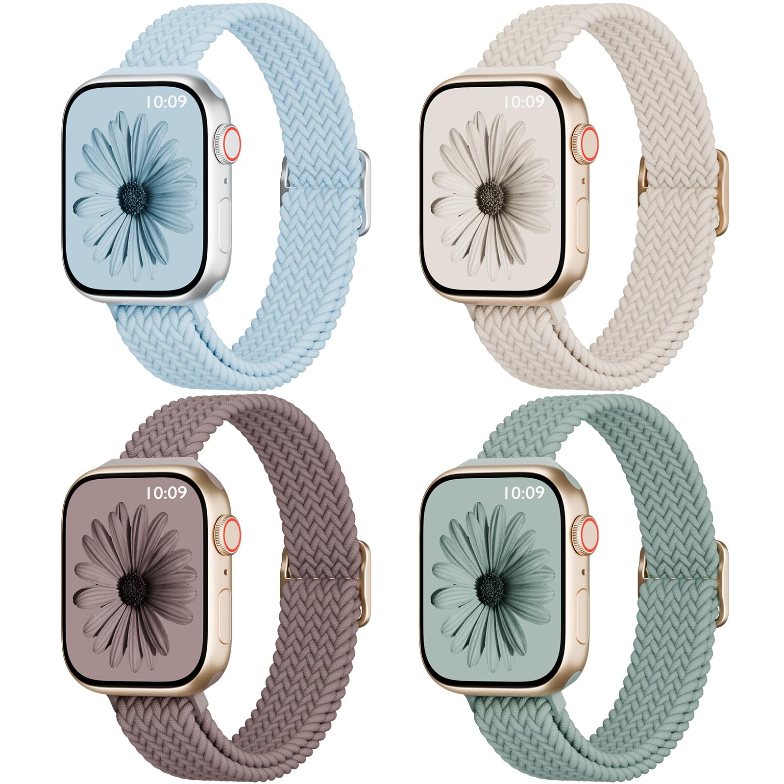 4 Pack Slim Braided Stretchy Compatible with Apple Watch Band 38mm 42mm 40mm 44mm 41mm 45mm 46mm 49mm Women Men, Solo Loop Nylon Thin Strap for iWatch