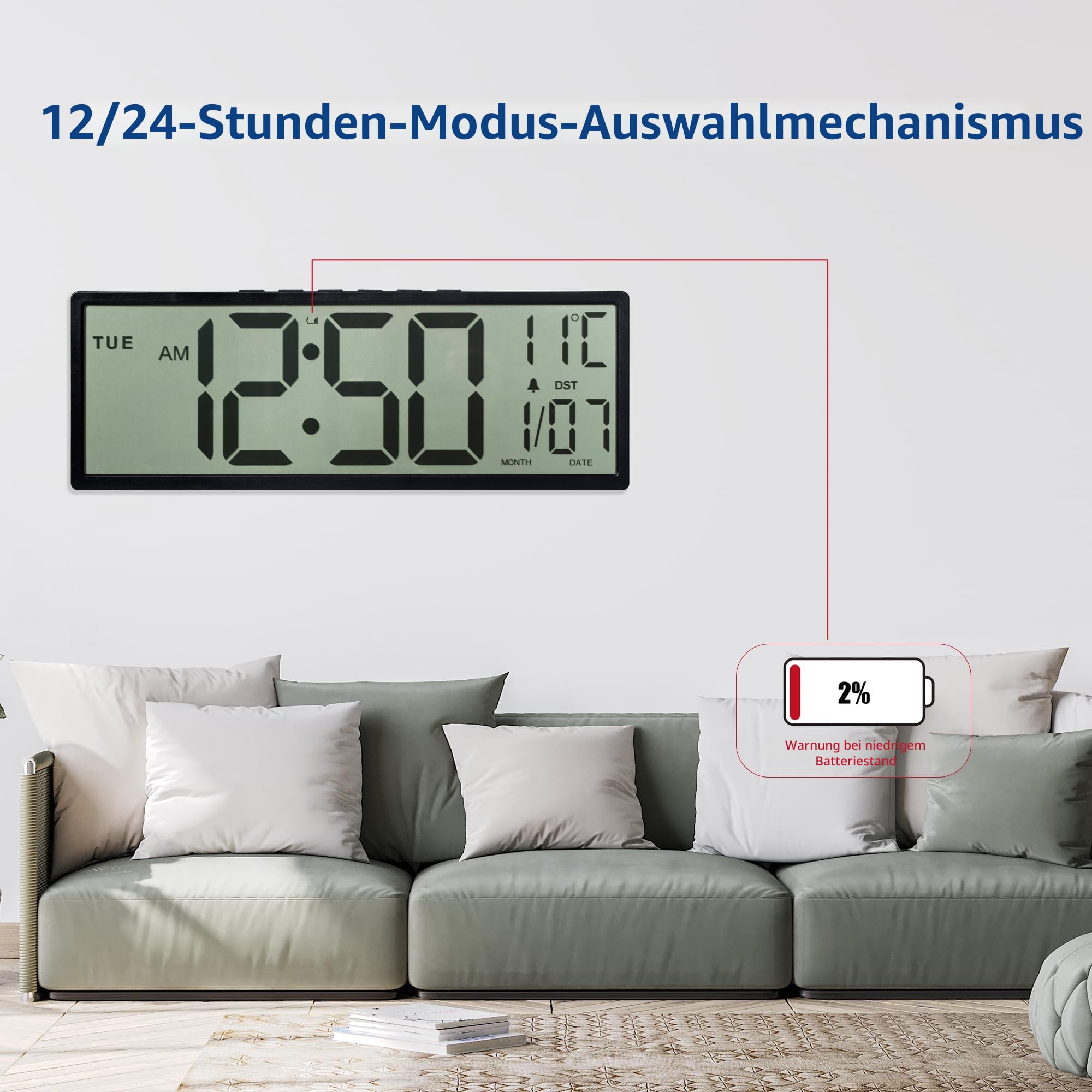 Maxstar 15'' große Digitale Wanduhr, großes LCD-Display mit Jumbo-Zahlen, batteriebetrieben, automatische Sommerzeit, Temperatur, Datum, Wanduhren für Wohnzimmer, Schlafzimmer, Küche for ältere