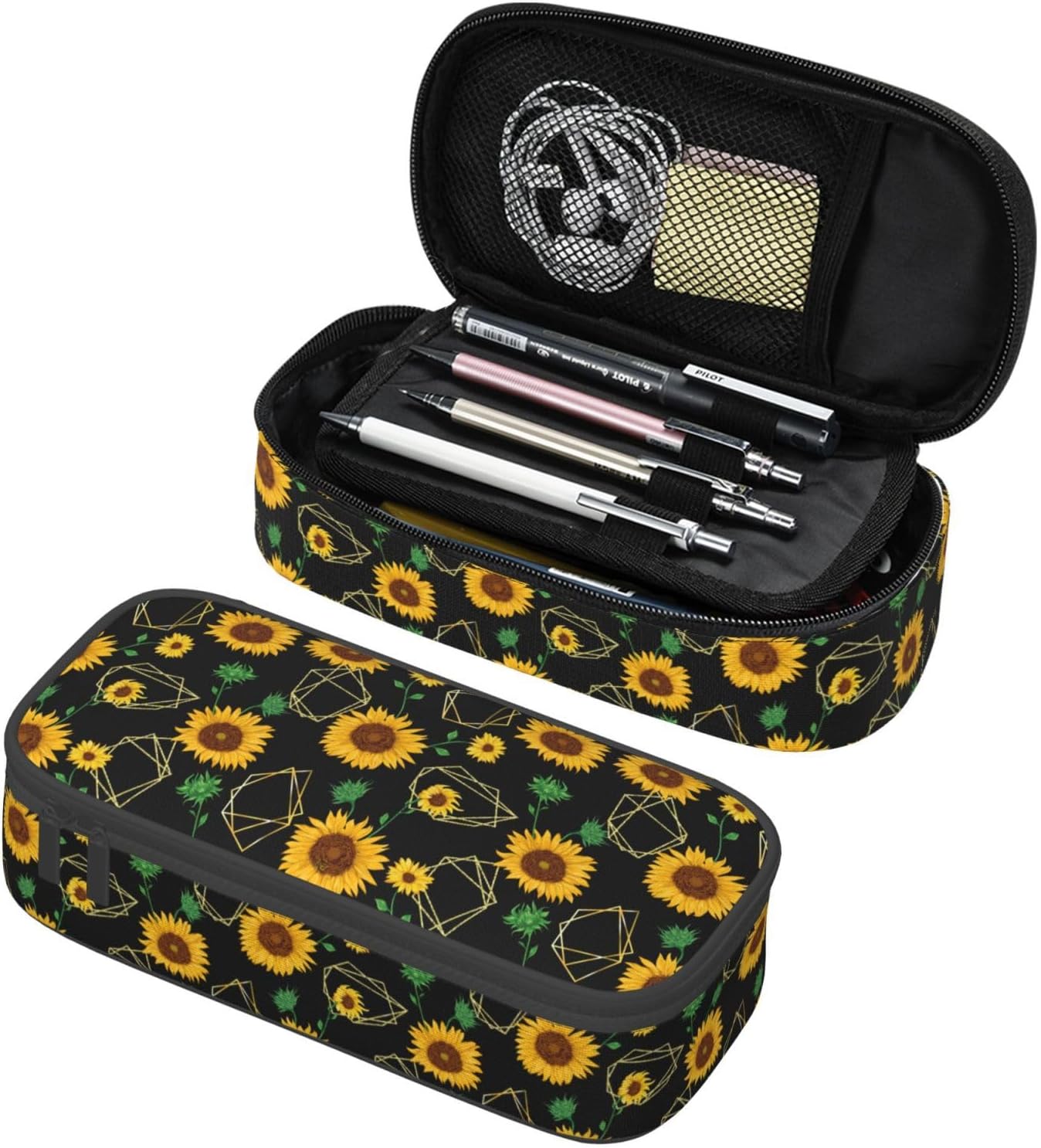 Golden Sunflower Art Pencil Case Big Capacity Storage Pencil Pouch Stationery Bags With Zipper Portable Pen Holder Box Organizer For Boys Student College School Office Supplies