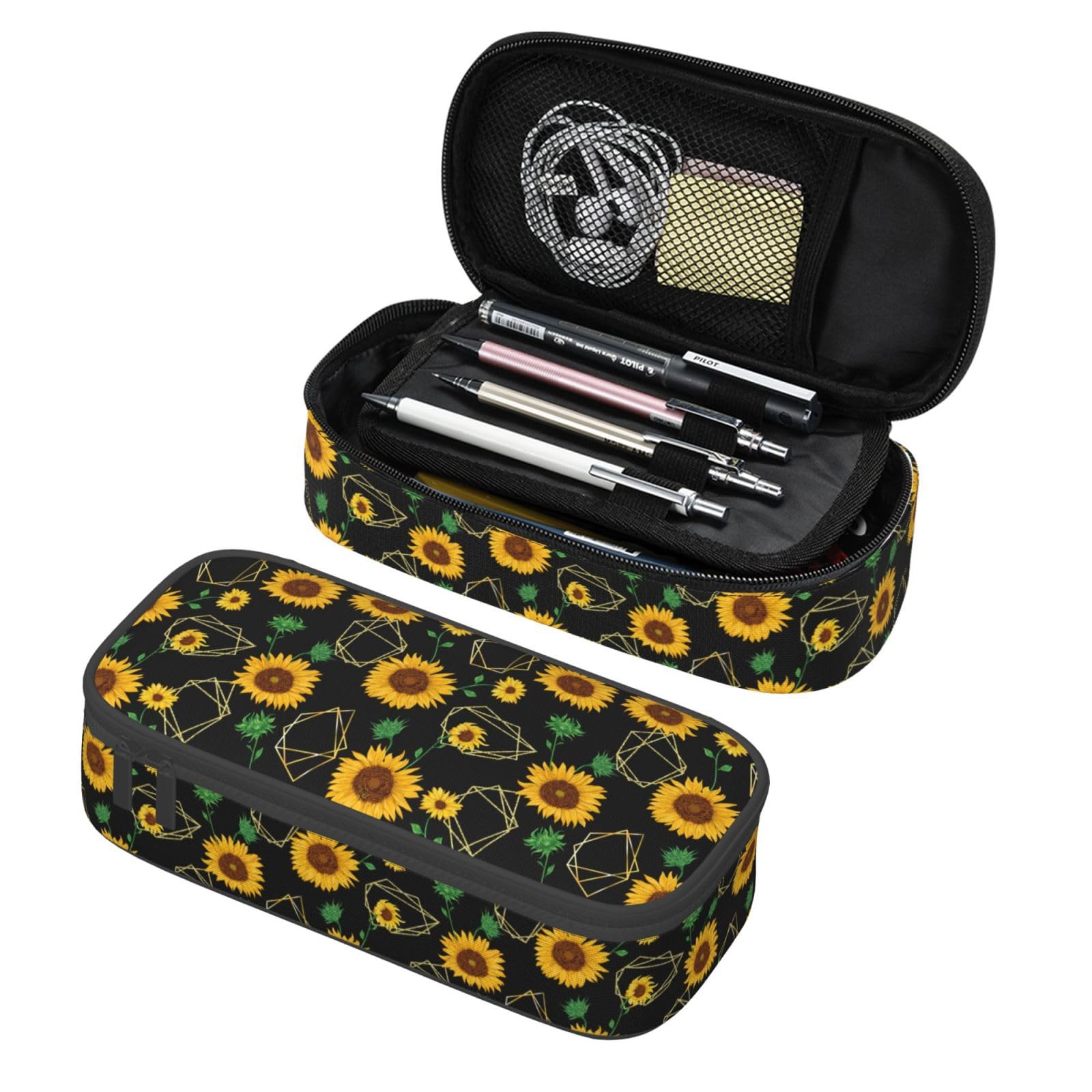 Golden Sunflower Art Pencil Case Big Capacity Storage Pencil Pouch Stationery Bags With Zipper Portable Pen Holder Box Organizer For Boys Student College School Office Supplies