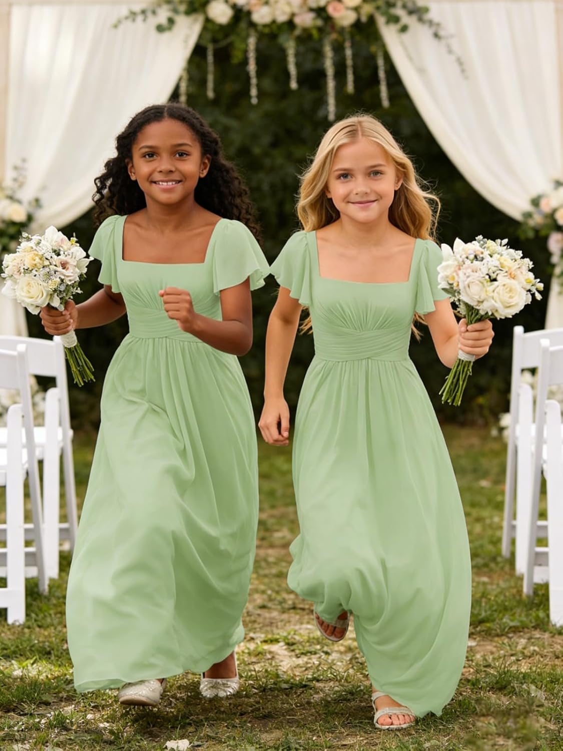 Wchecalino Junior Bridesmaid Dresses with Sleeves Chiffon Square Neck Pleated Flower Girl Dress A Line Wedding Party Gown