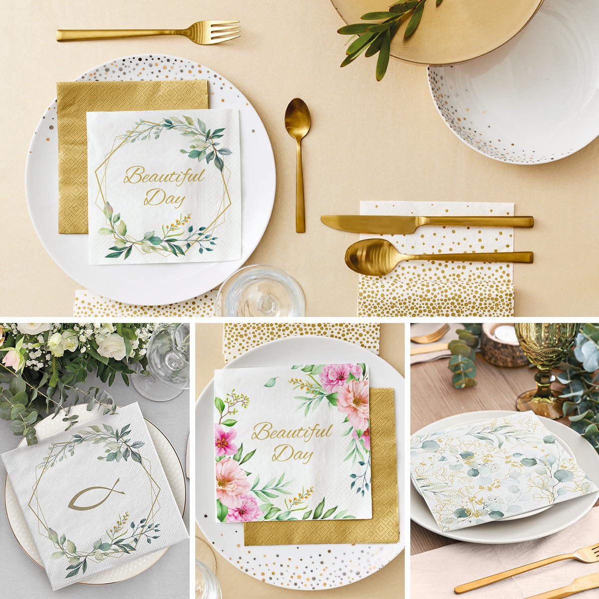 PAW - Servilletas Papel 3 Capas (33 x 33 cm) I 20 Unidades I Perfecto para Cumpleaños, Fiestas, Bodas, Comuniones y Celebraciones I Decoración de Mesa Elegantes I Eucalipto Dorado — view 7