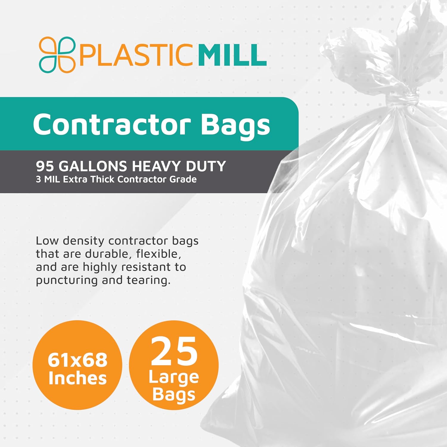 PlasticMill Contractor Bags Heavy Duty - Commercial, Industrial Garbage Bags - Clear Construction Trash Bags - Outdoor, Garden Trash Bags, 95-Gallon, 3 Mil, 61"x68" (25-Count)