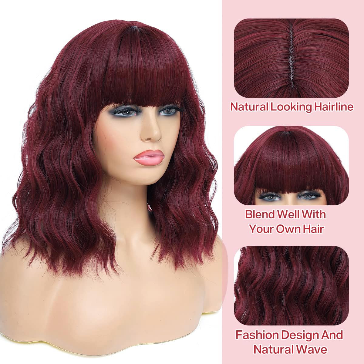 PORSMEER 14 inch Shoty Wavy Red Bob Wig with Fringe for Women Shoulder Length Curly Synthetic Hair Wig for Cosplay Halloween Party Daily Use,Dark Red - Image 3