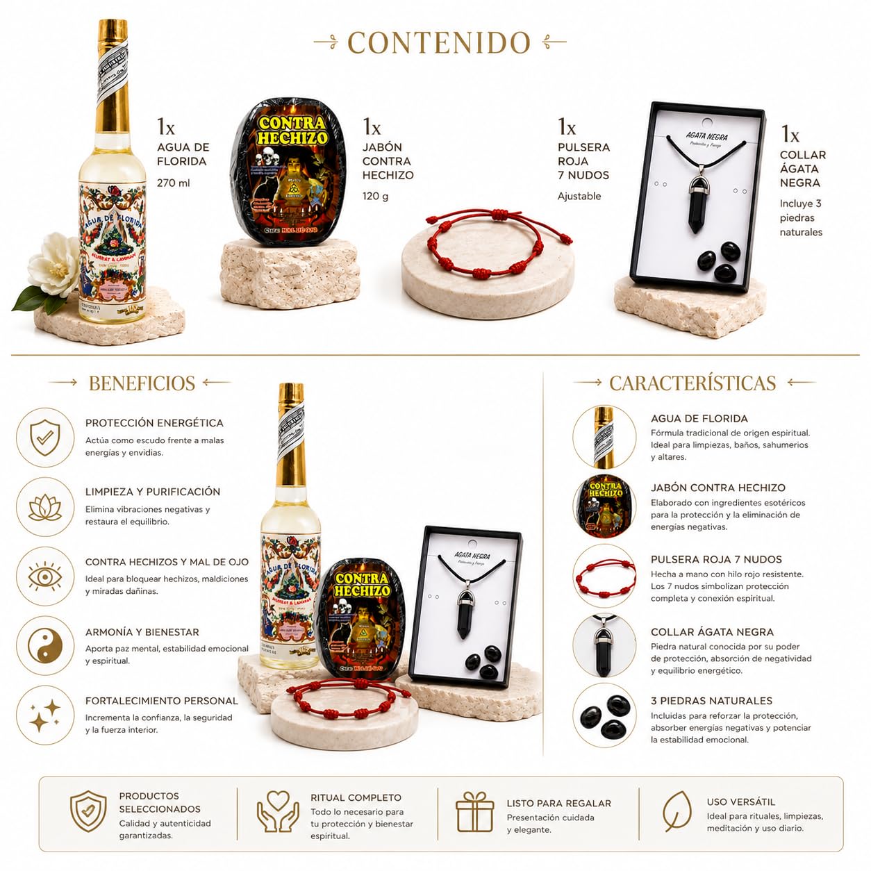 Florida Agua de Perú Original Pack con Jabón contra hechizo Mal de Ojo, Piedra Agata Negra y Pulsera Roja 7 Nudos .Murray Y LanMan. Amarilla.