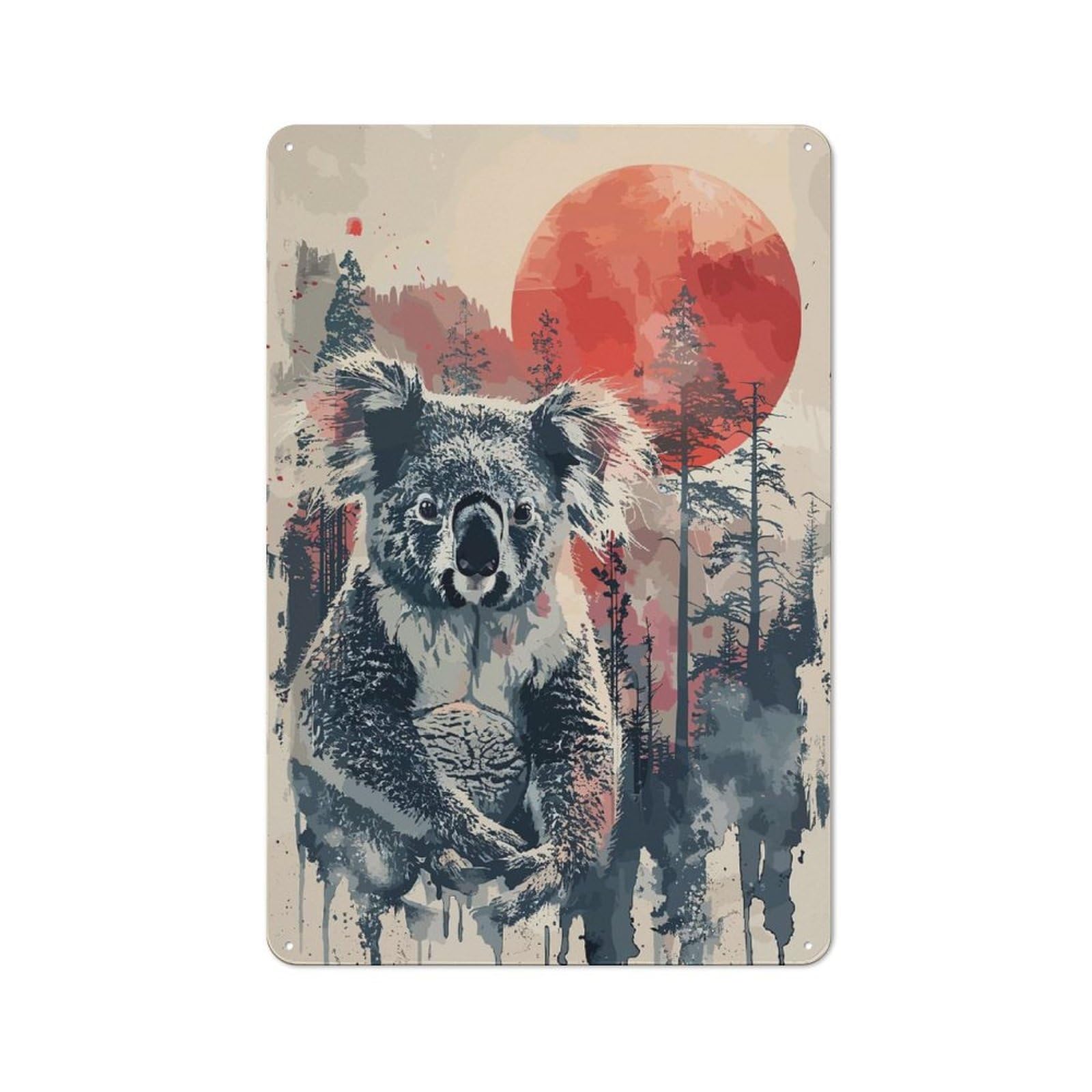 Junmoney Style-1 Koala Red Sun Watercolor Tin Sign 30X20cm, Modern Vintage Creative Space Decor For Hobby Room, Office, Lounge Or Living Room