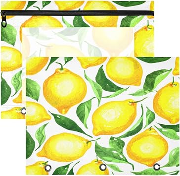 YETTASBIN Lemons 2 Pack 3 Ring Binder Pouch with Clear Window & Smooth Zipper - Waterproof Versatile Pencil Case Big Capacity A4 File Folder with 3 Reinforced Grommets