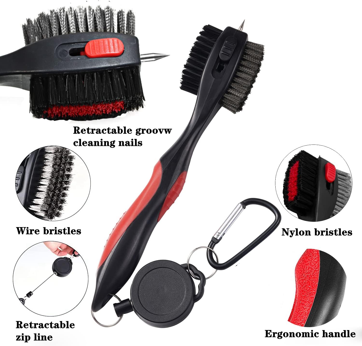 Golf Club Brushes, Golf Cleaning Tool, with Retractable Cleaning Nails, Nylon and Wire Bristles Oversize Double Brush Head with 2ft Retractable Zip-line Metal Buckle - Image 3