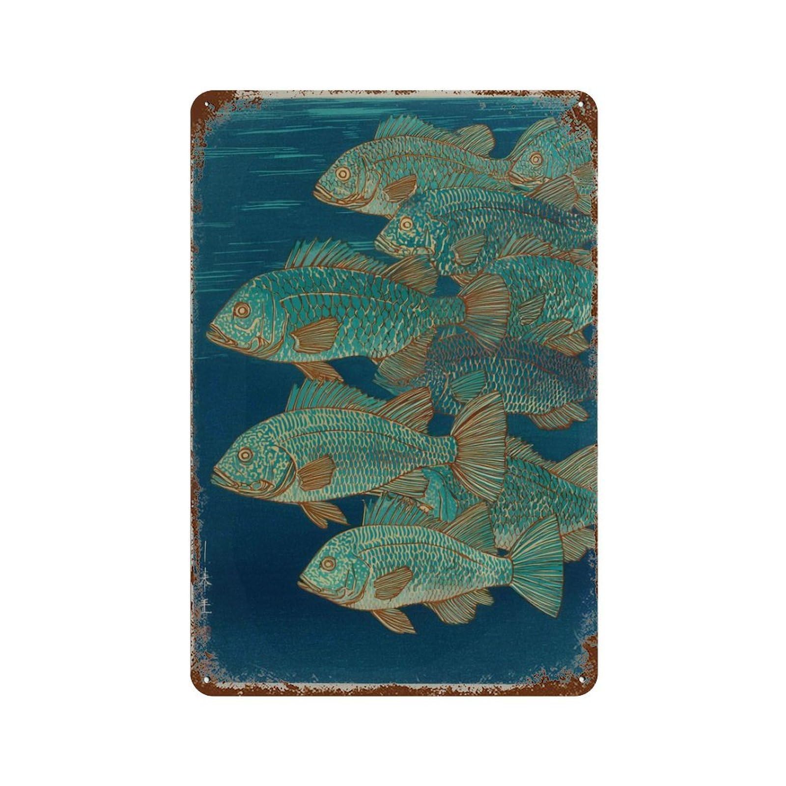 xiaoxiaoshen Japanese Fish Teal And Gold Koi Inspired Ocean Elegant Oriental Work Living Room Wall Decor Art Metal Tin Poster Modern Home Decor Art Home Bar Shop Decorations Vintage Sign 30x20cm