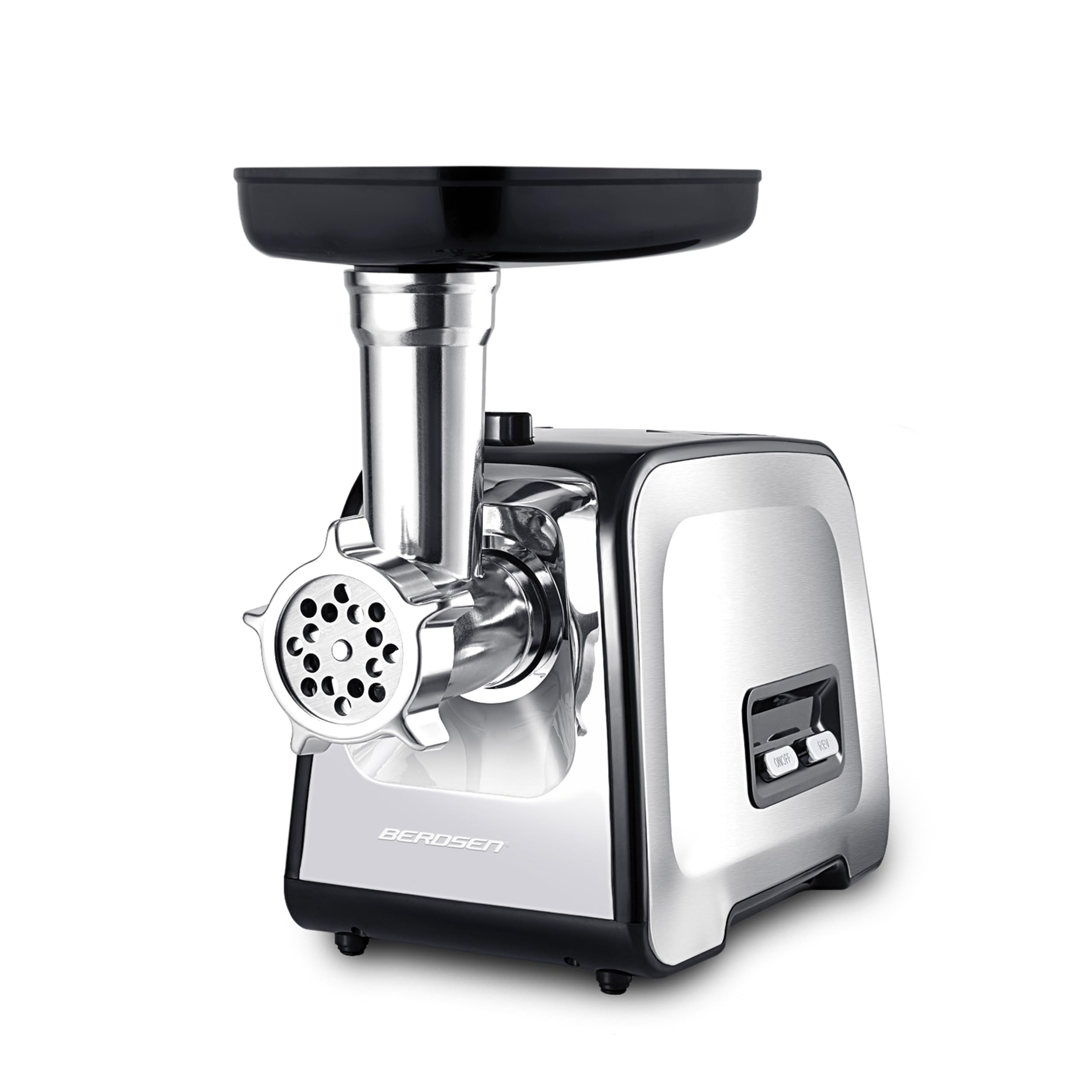 Berdsen Picadora de carne, juego eléctrico con accesorios, accesorios, accesorio para salchichas, hoyos, trituradora, 450/1200 W, plata