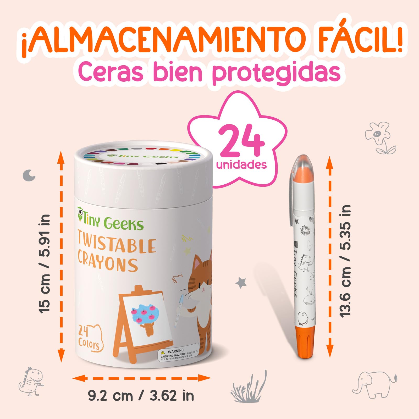 TinyGeeks 24 Crayones Retráctiles - No Tóxicos para Niños Pequeños de 1-3 Años - Crayones Lavables para Niños de 4-8 Años - Fáciles de Agarrar