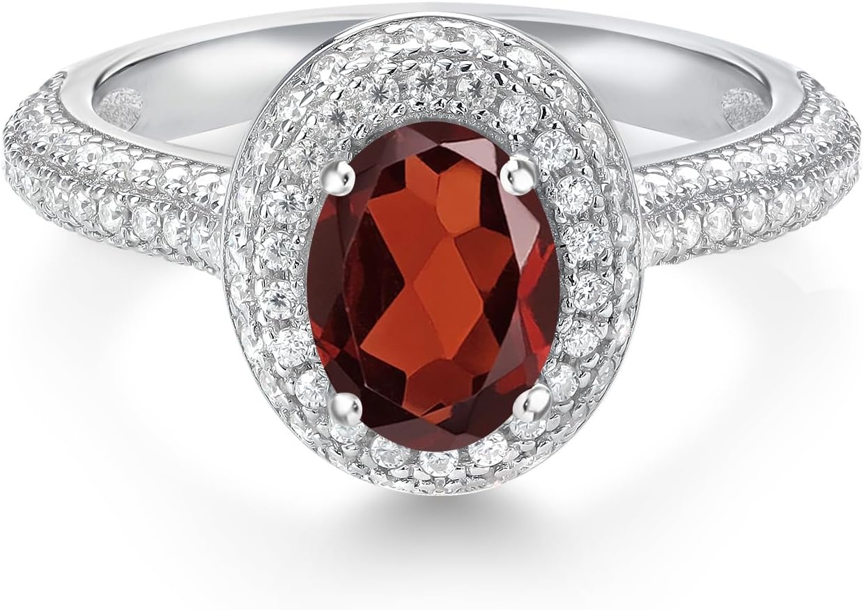 Gem Stone King 8X6MM Oval Gemstone Birthstone and White Moissanite Halo Engagement Ring | 925 Sterling Silver | Wedding Anniversary Promise Ring For Women | Available In Size 5, 6, 7, 8, 9