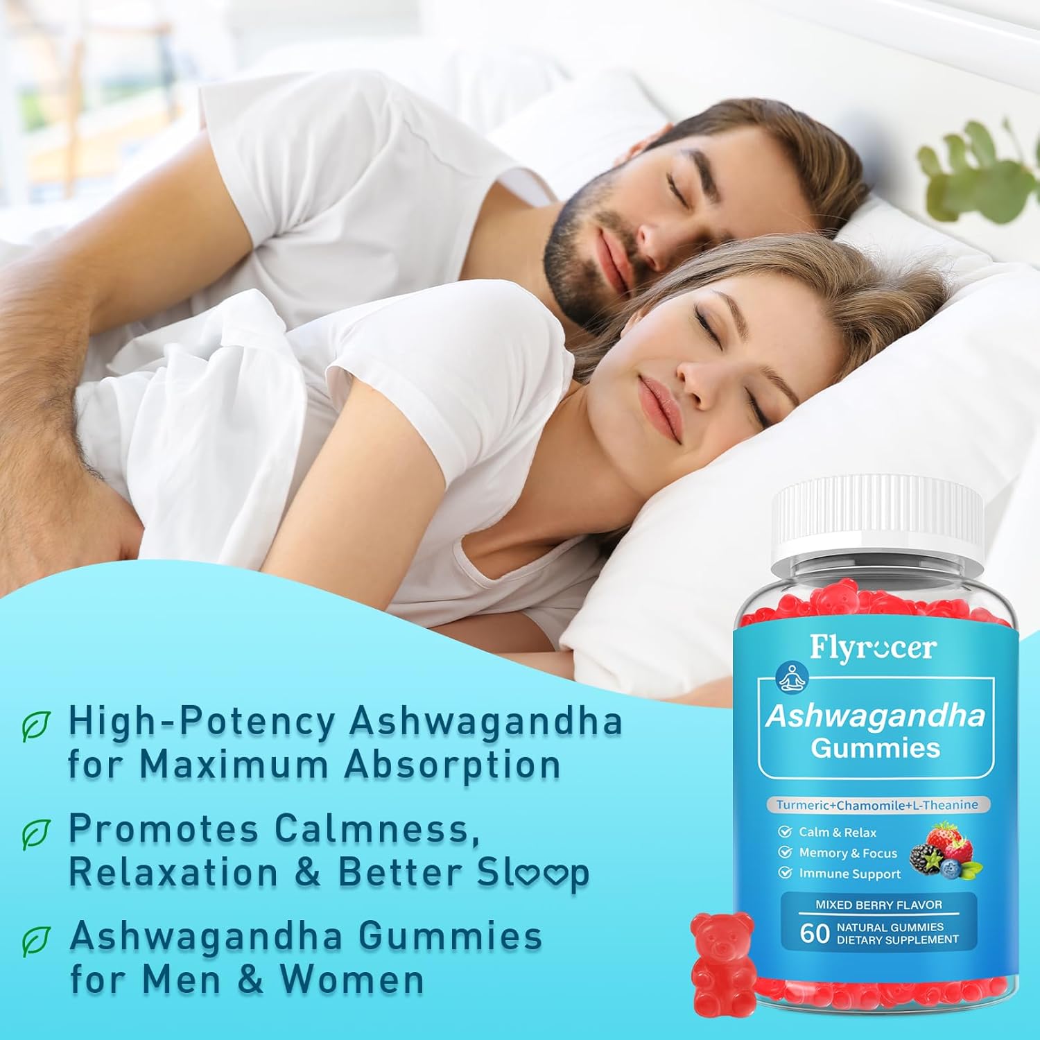 2 Pack Ashwagandha Gummies, Organic Ashwa Root Extract Supplement for Women & Men, Vegan, Gluten-Free, Mixed Berry Flavor, 120 Count - Image 2